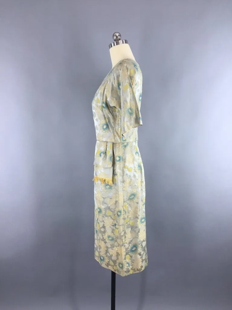 1950s Vintage Blue and Gold Satin Brocade Cocktail Dress