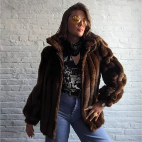 70s Vintage Jordache Brown Fur Minimalist Furry Faux Mink Bomber Jacket Coat