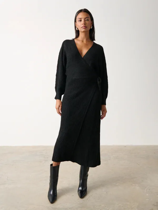 AIDAN COSY WRAP KNIT DRESS (BLACK)