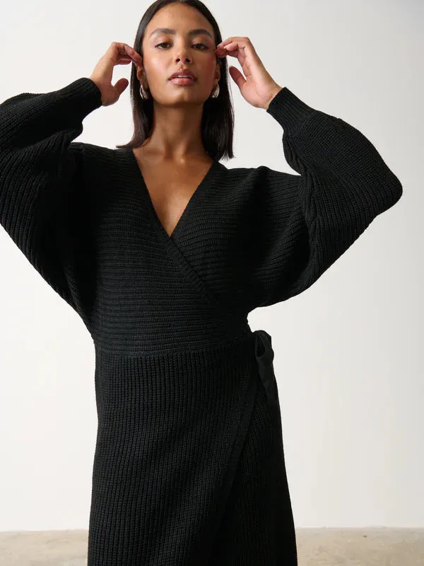 AIDAN COSY WRAP KNIT DRESS (BLACK)