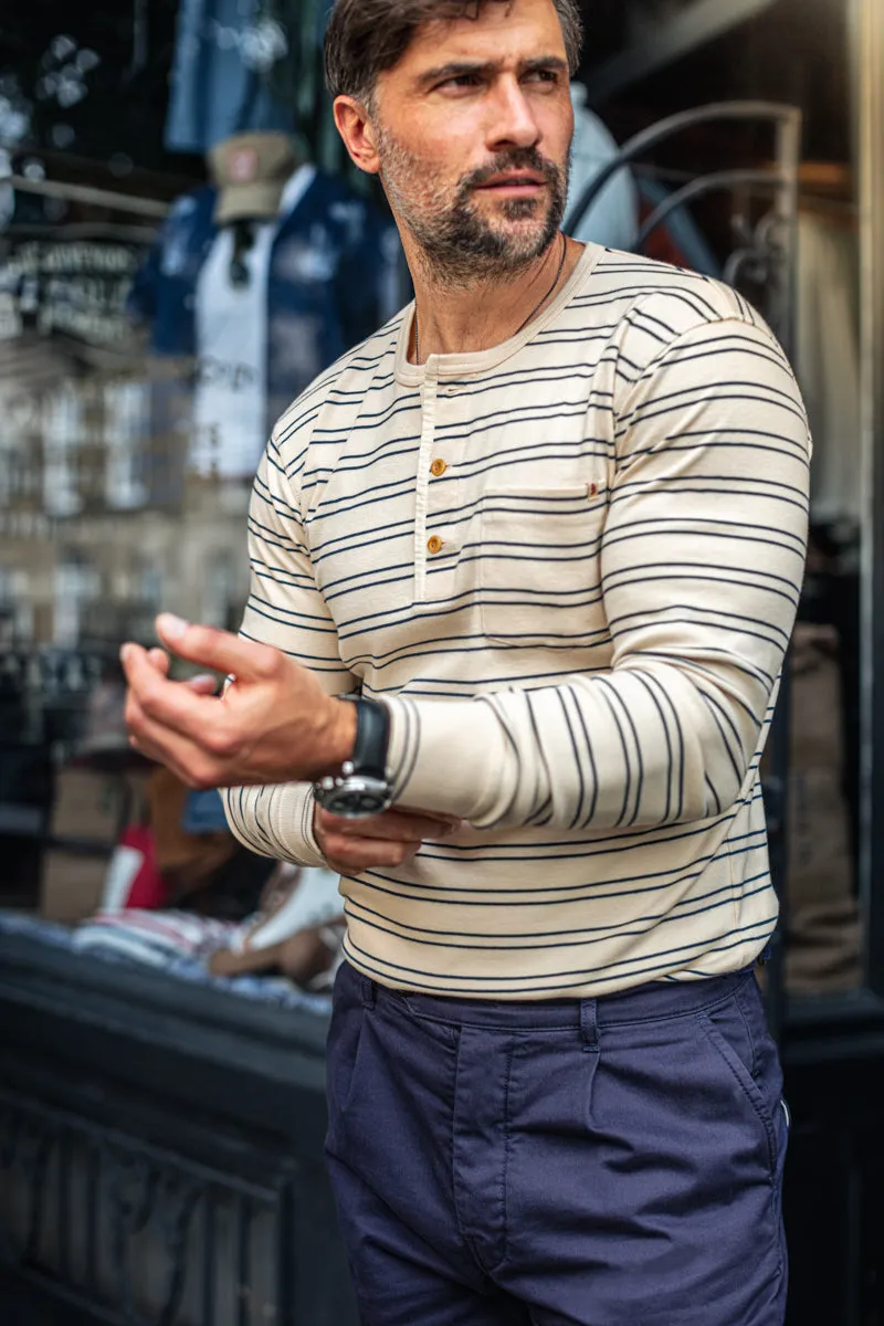 &SONS Clipper Striped Henley Shirt White/Navy