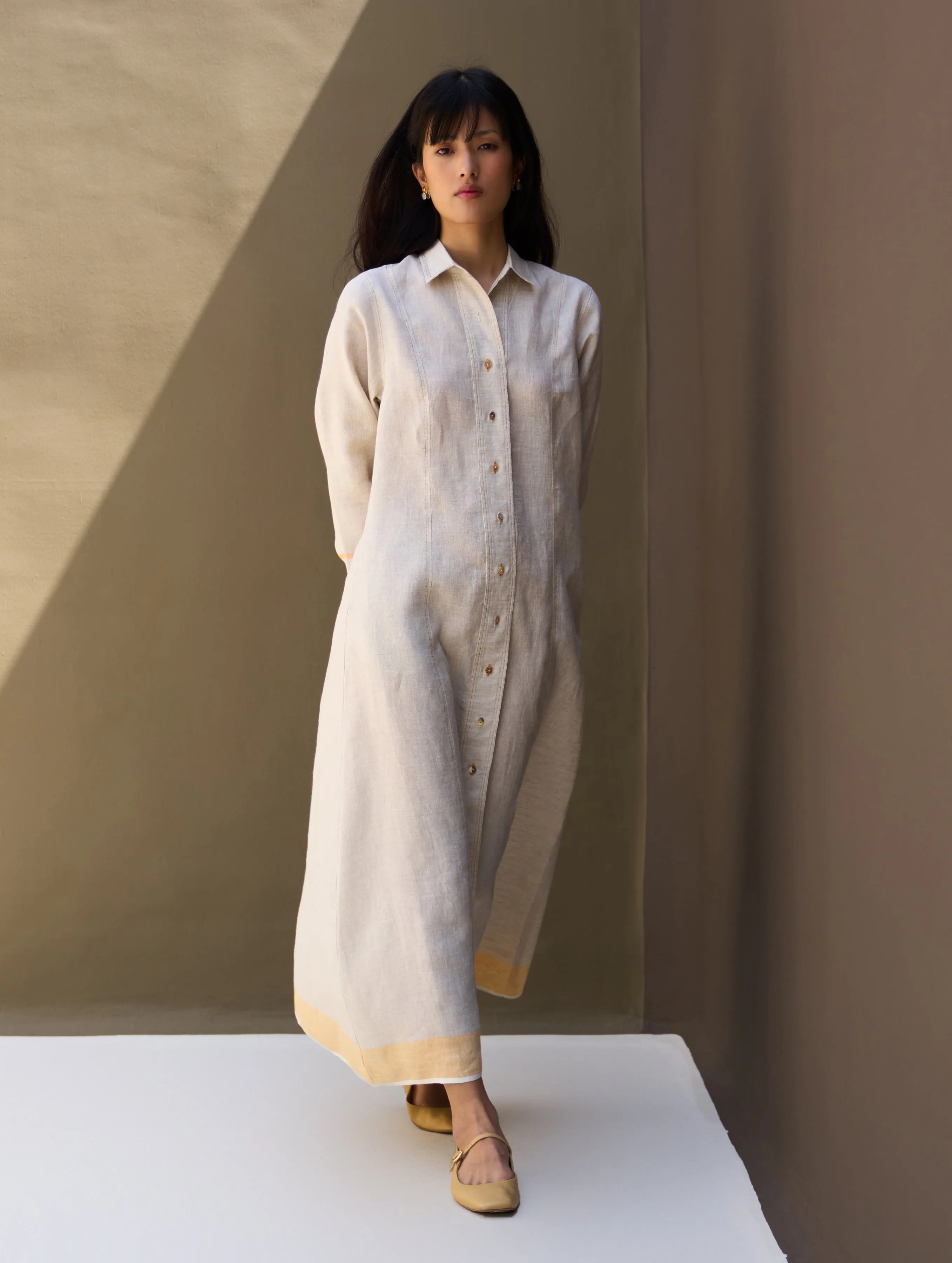 Ani Border Linen Dress - Natural