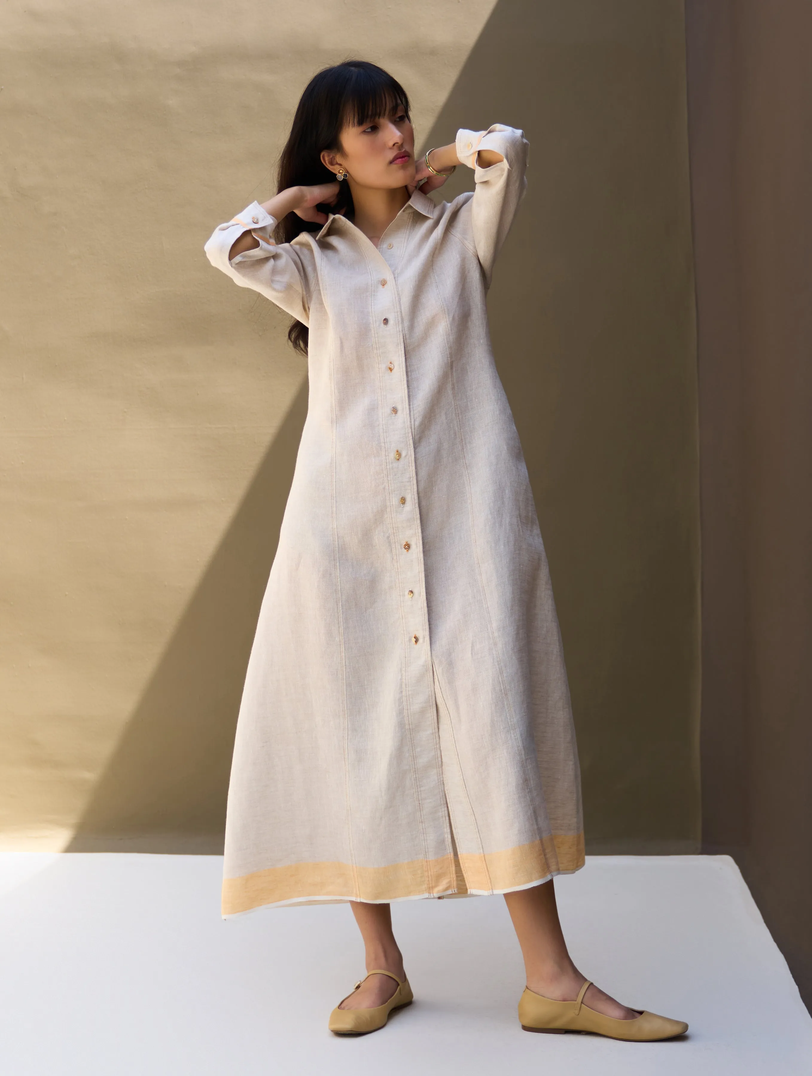 Ani Border Linen Dress - Natural