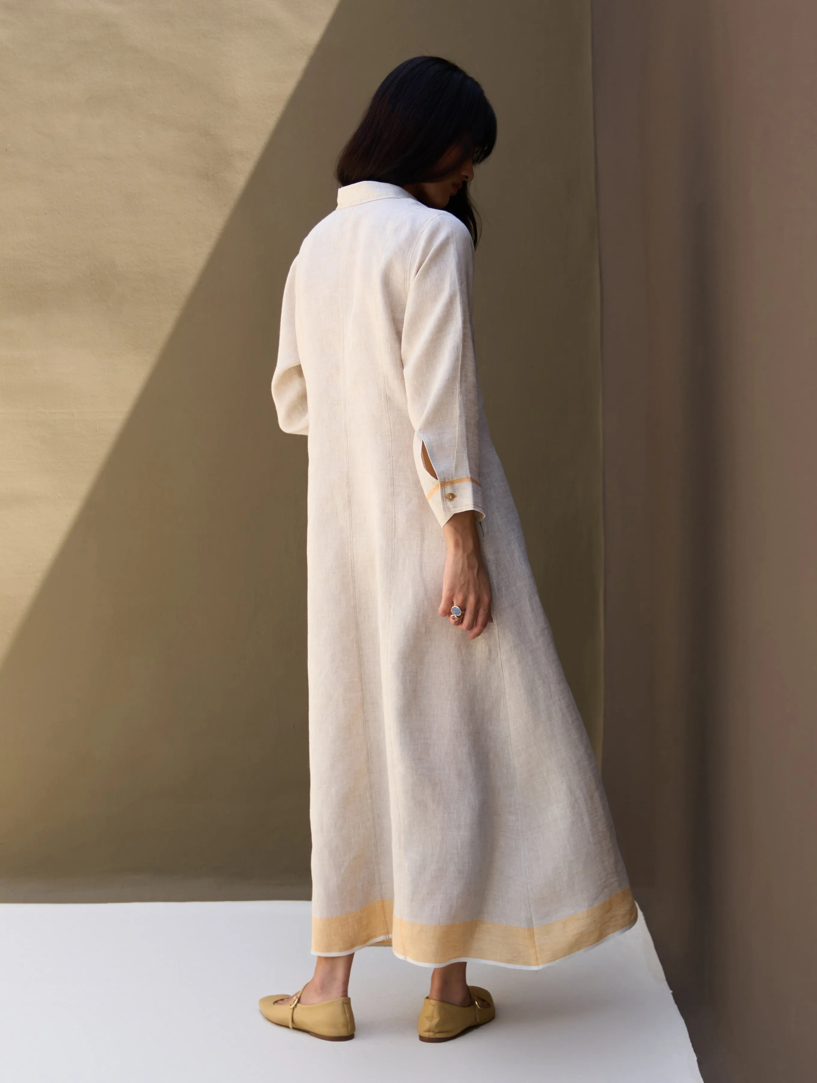 Ani Border Linen Dress - Natural