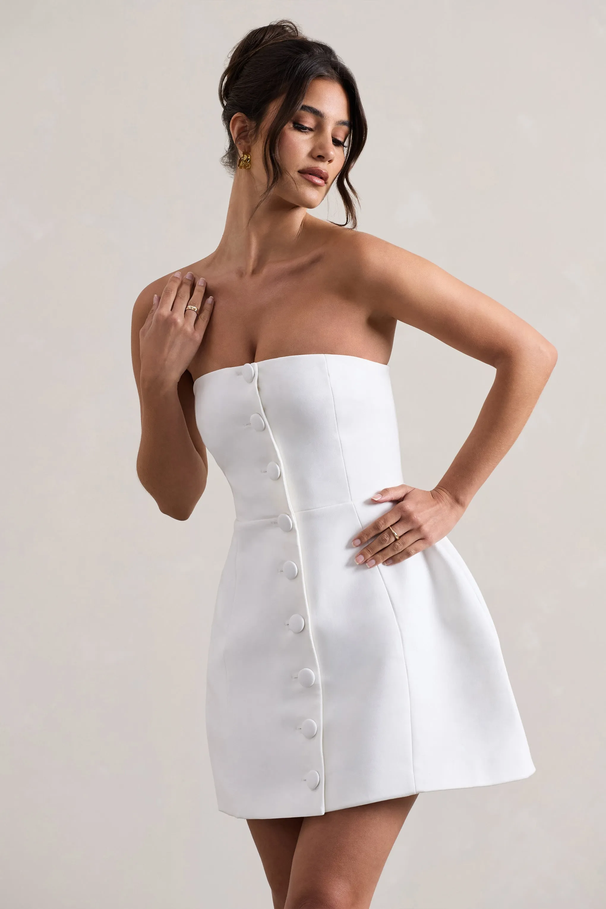 Anniston | White Bandeau Tailored Buttoned Mini Dress