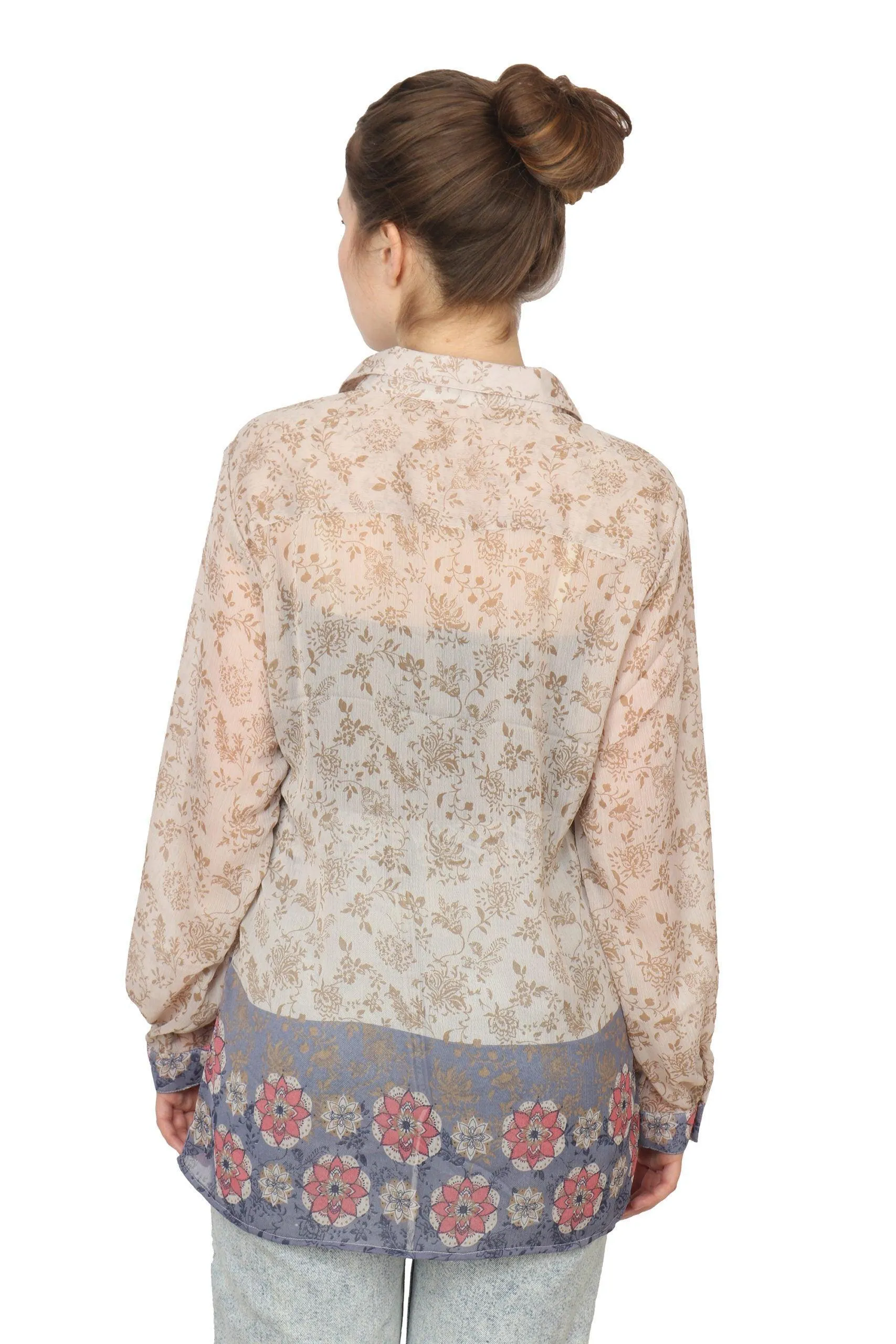 Beige Floral Printed Shirt with Blue Border