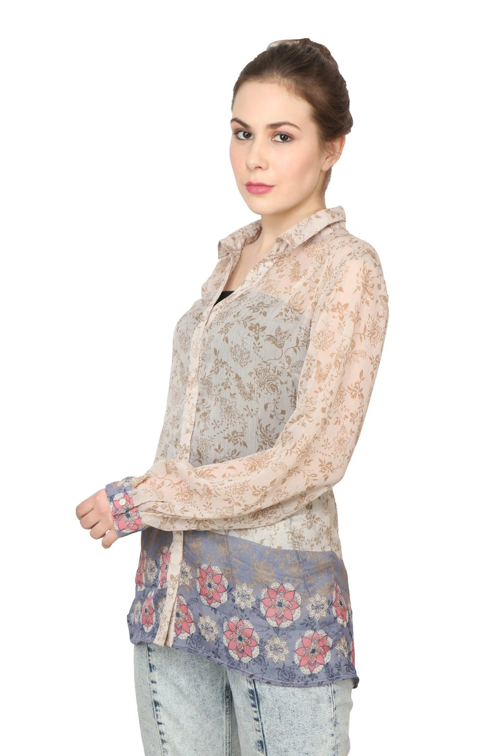 Beige Floral Printed Shirt with Blue Border