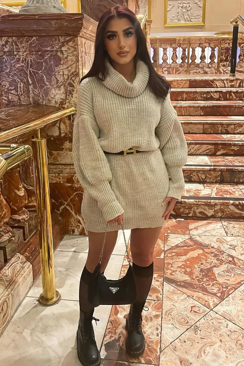 Beige Turtle Neck Knit Jumper Dress - Brooke