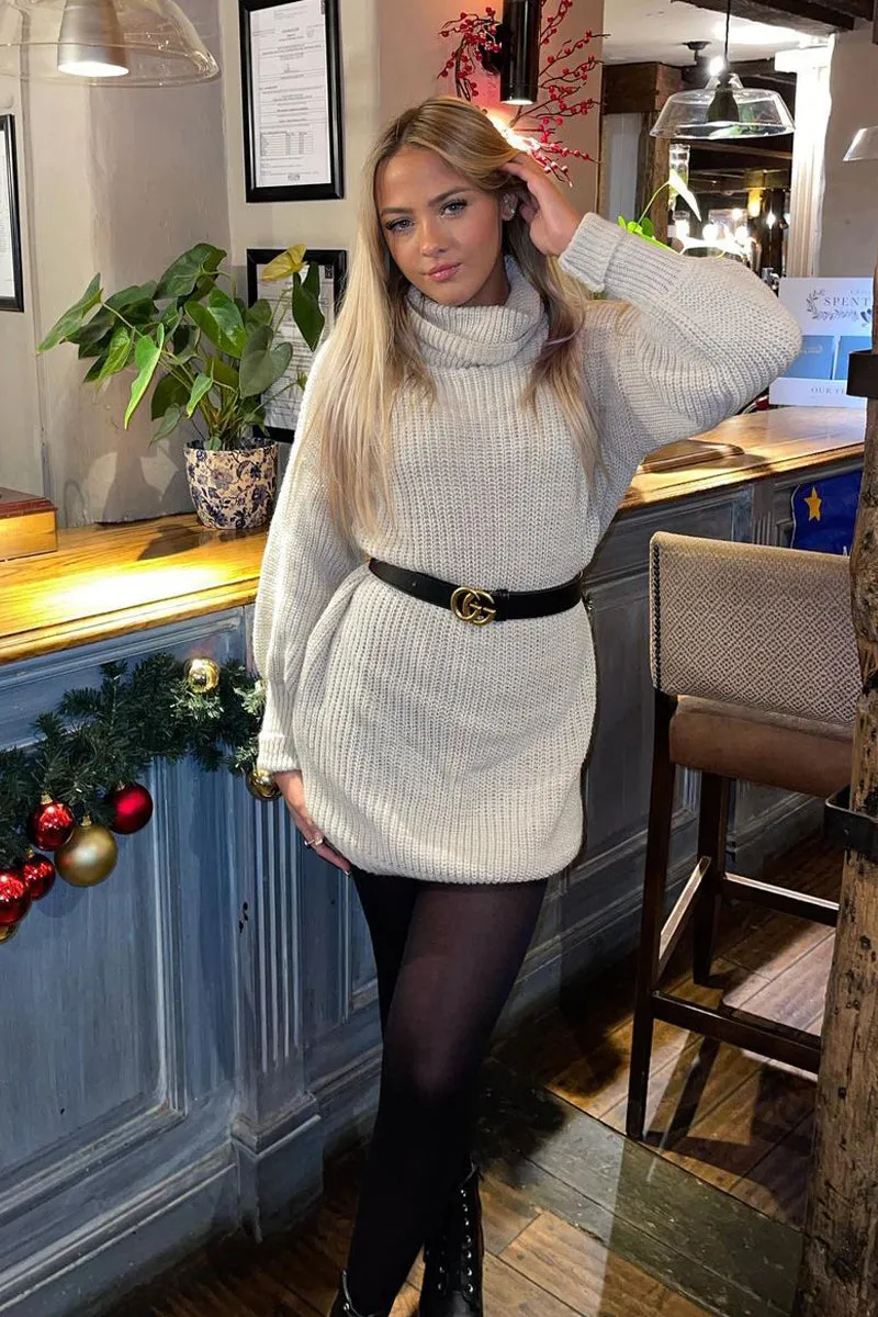 Beige Turtle Neck Knit Jumper Dress - Brooke