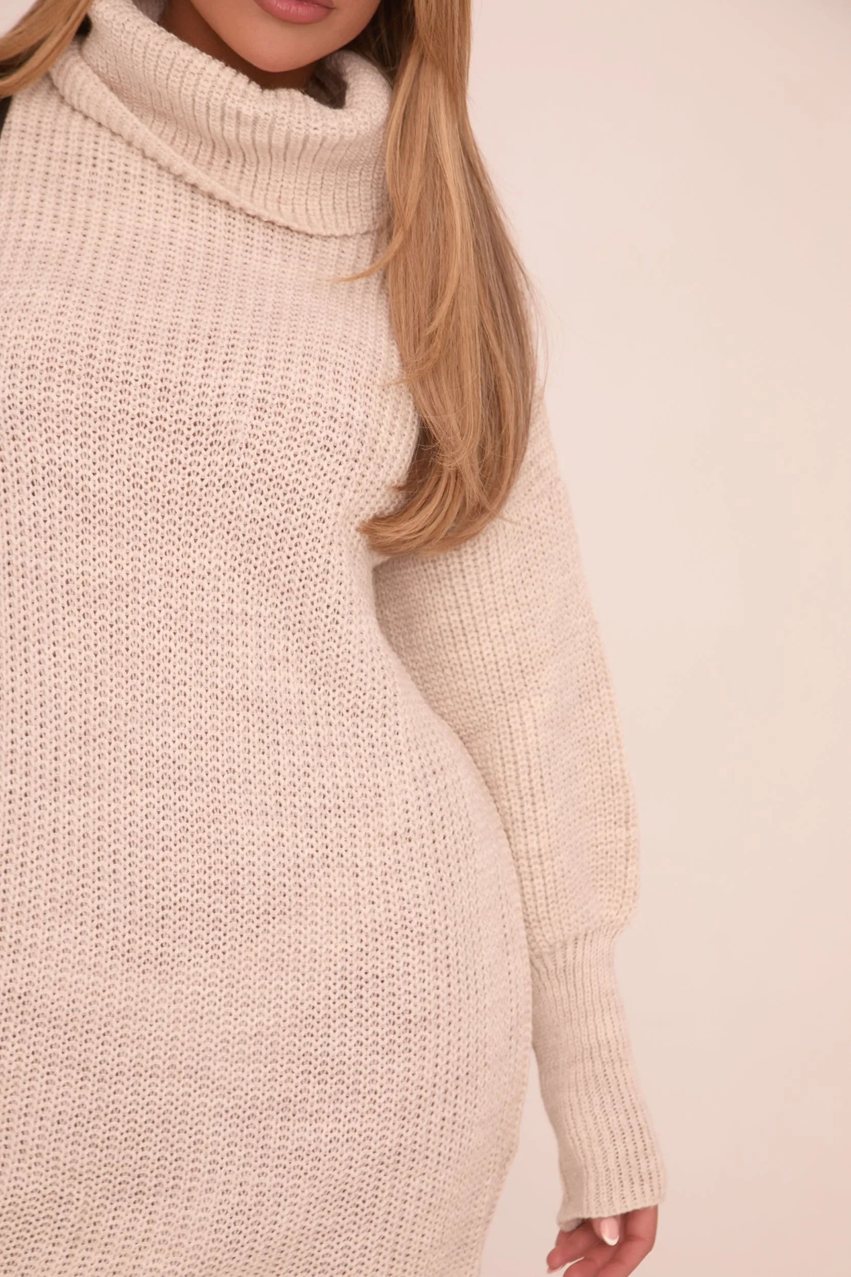 Beige Turtle Neck Knit Jumper Dress - Brooke