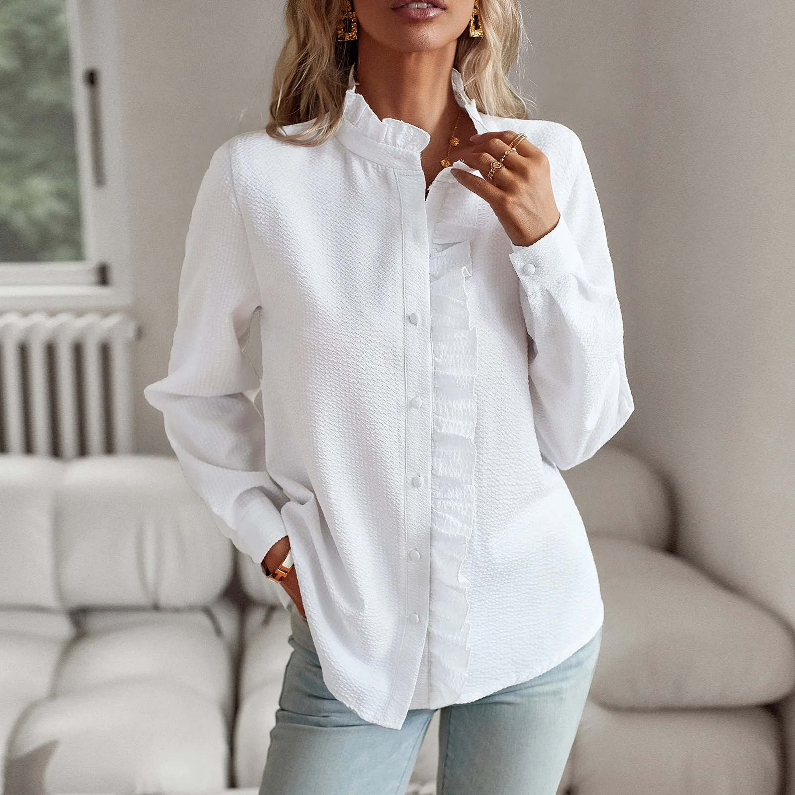 Beveled Wood Ear Button Long Sleeve Commuter Shirt Wholesale Women'S Top