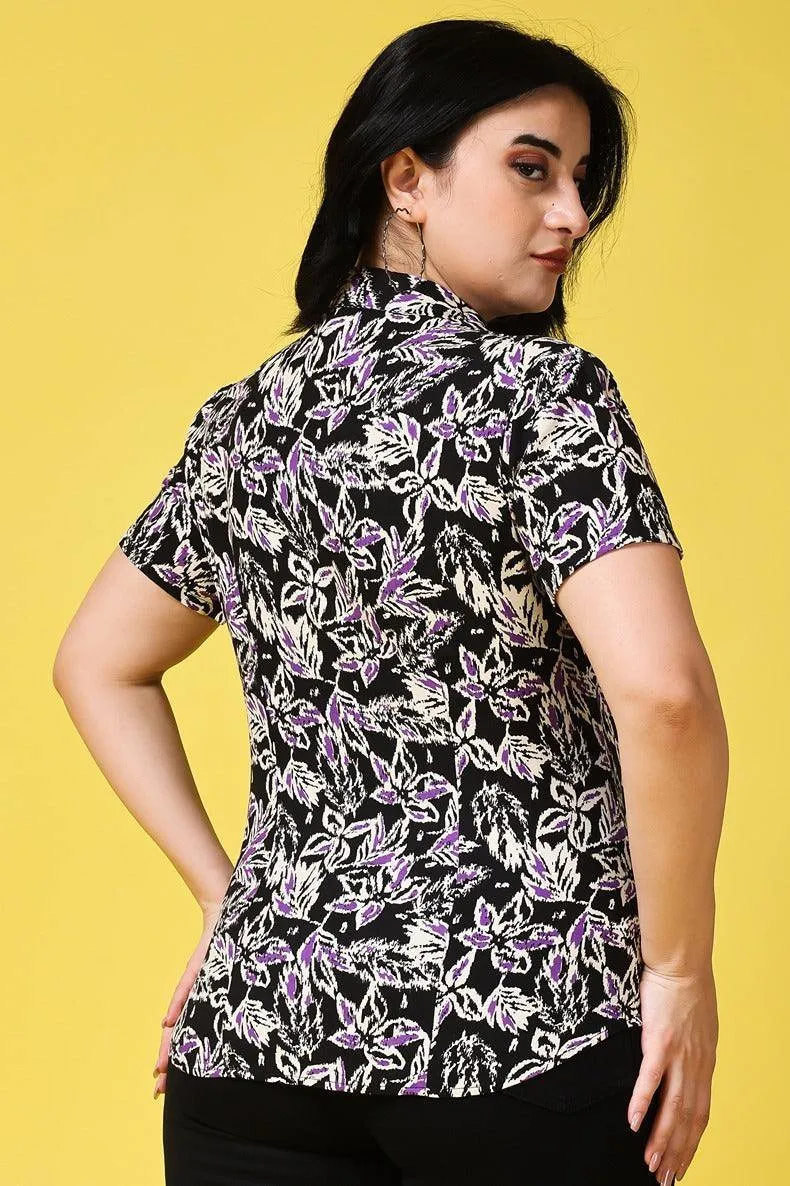 Black & Purple Leaves Printed Shirt