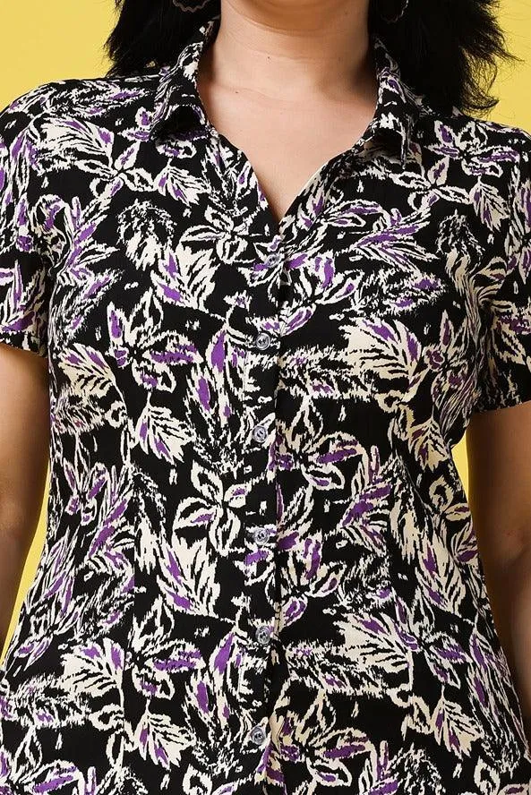 Black & Purple Leaves Printed Shirt