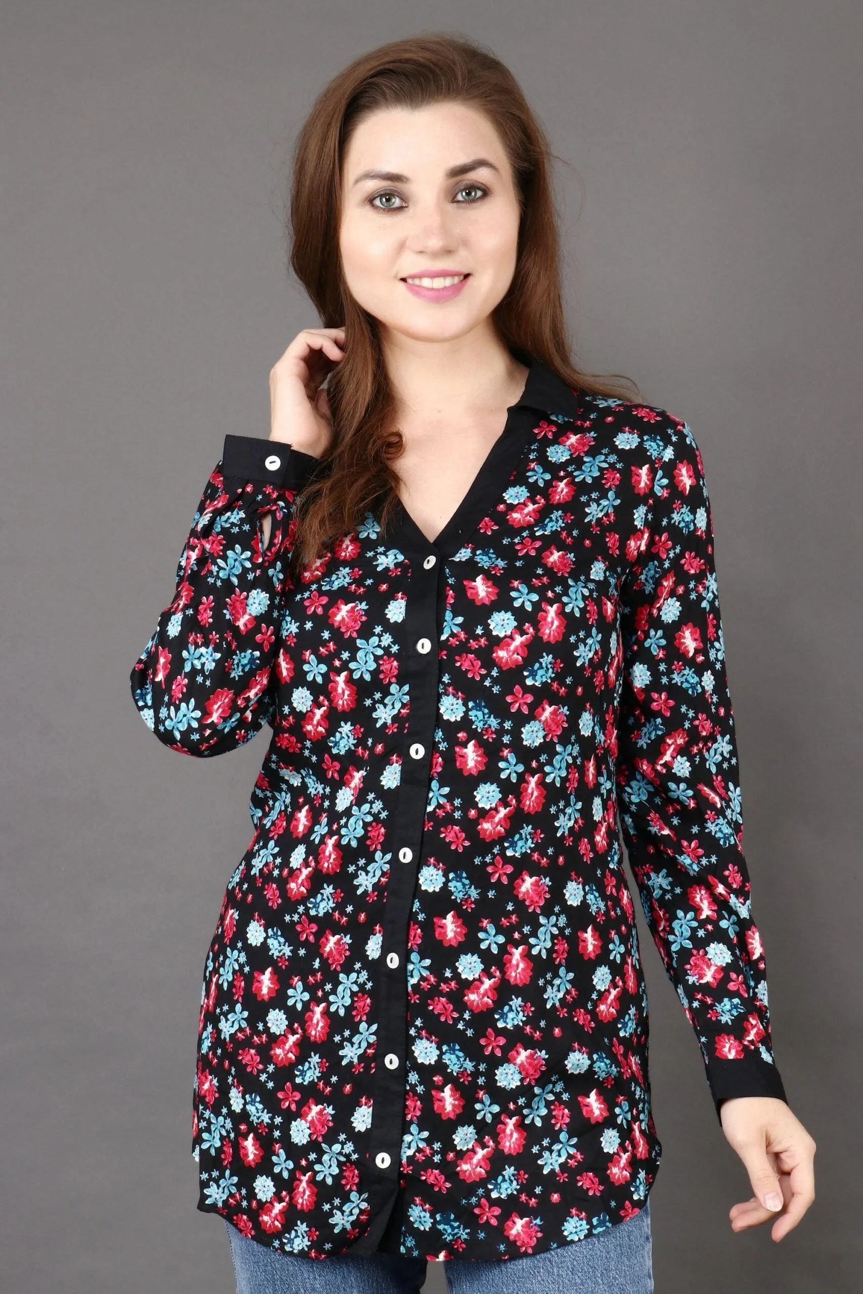 Black Multicolored Floral Printed Shirt