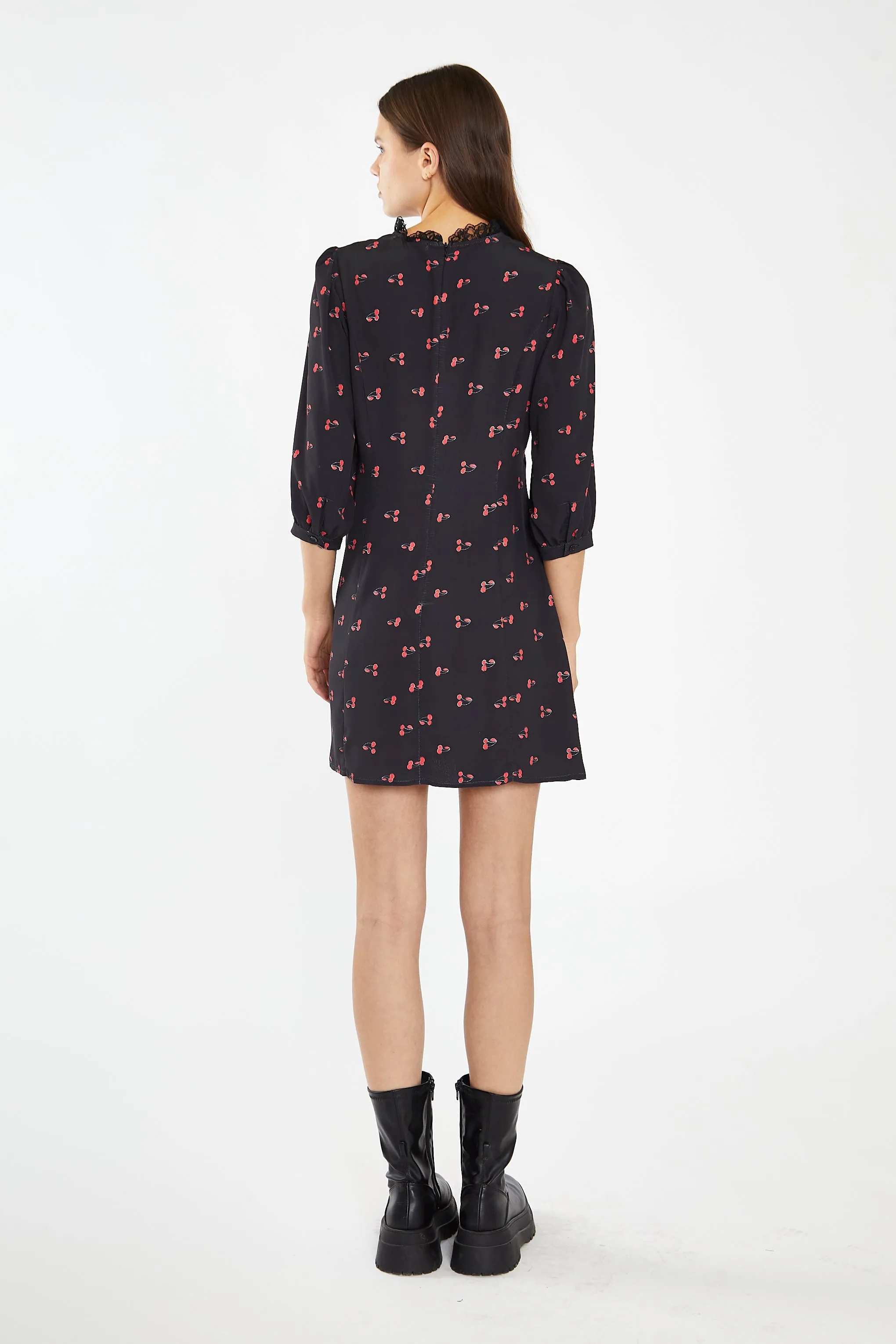 Black-Red Cherry Fruit High Neck Mini-Dress