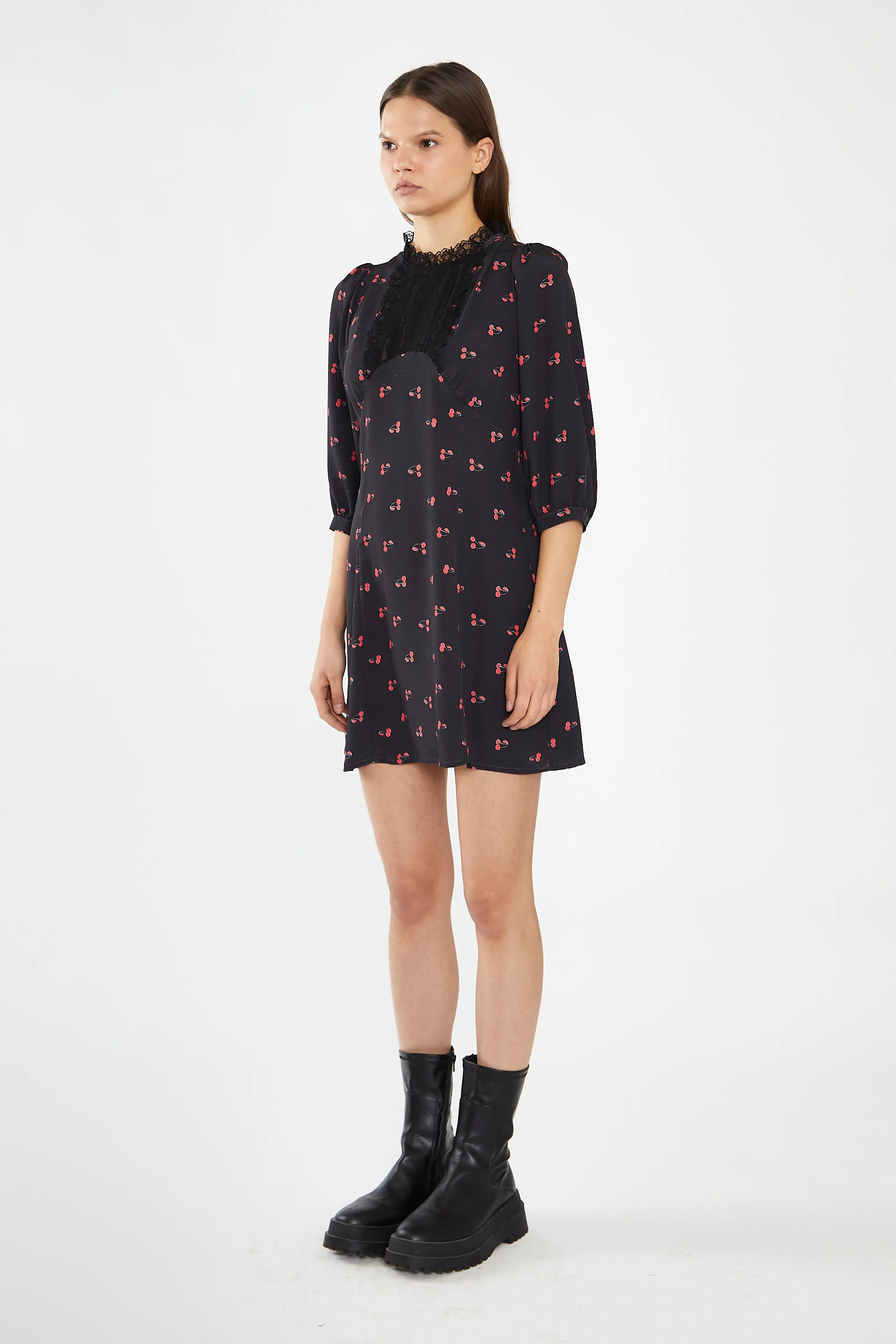 Black-Red Cherry Fruit High Neck Mini-Dress