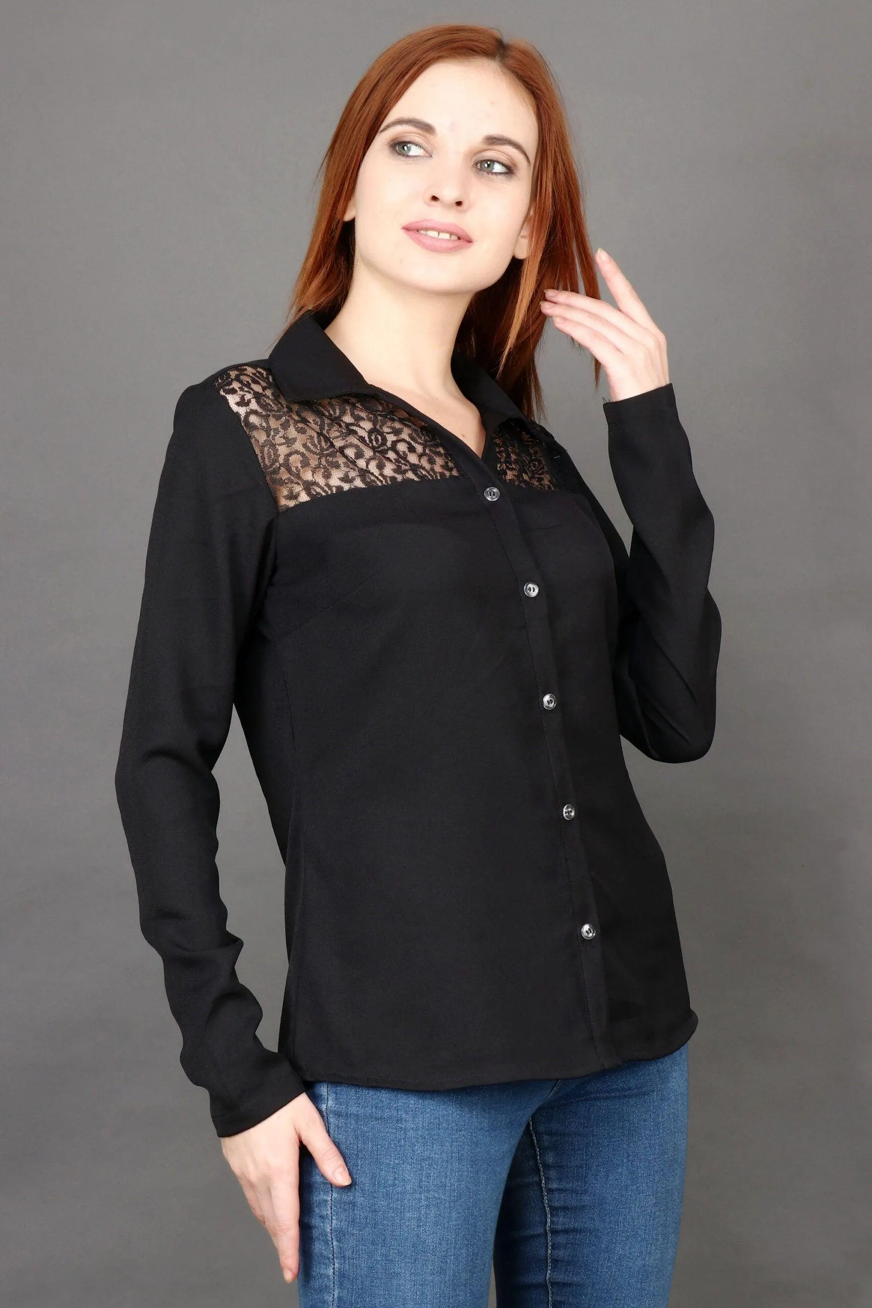 Black Solid Shirt with Net Front