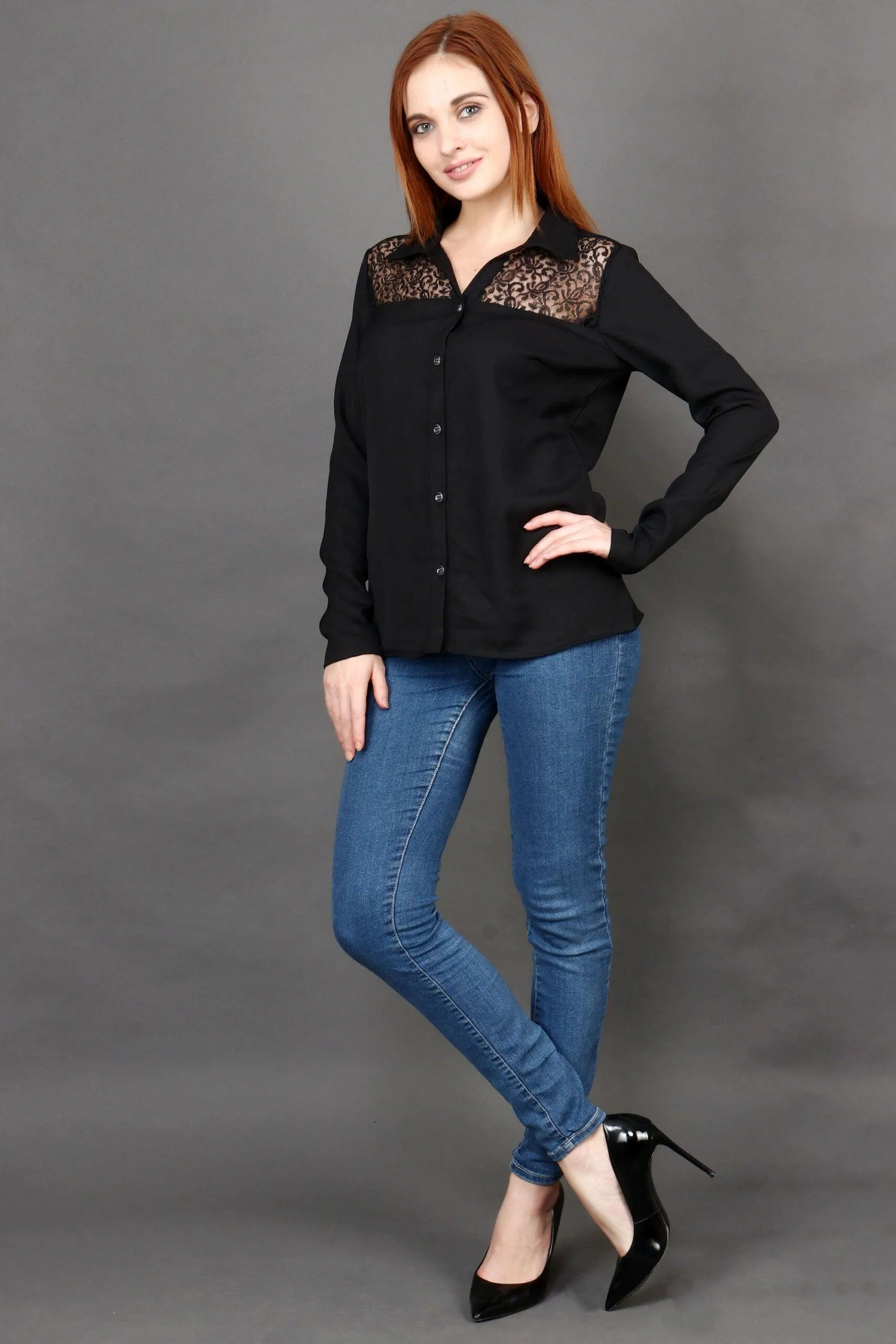 Black Solid Shirt with Net Front