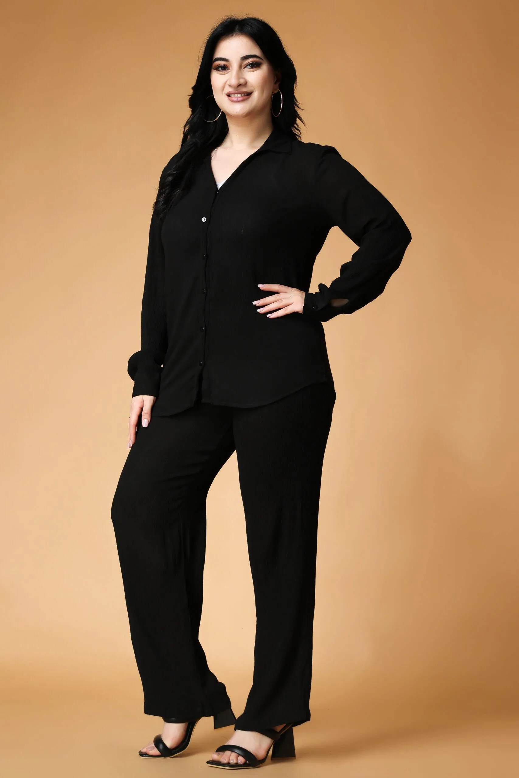 Black Solid Shirt with Pants Set