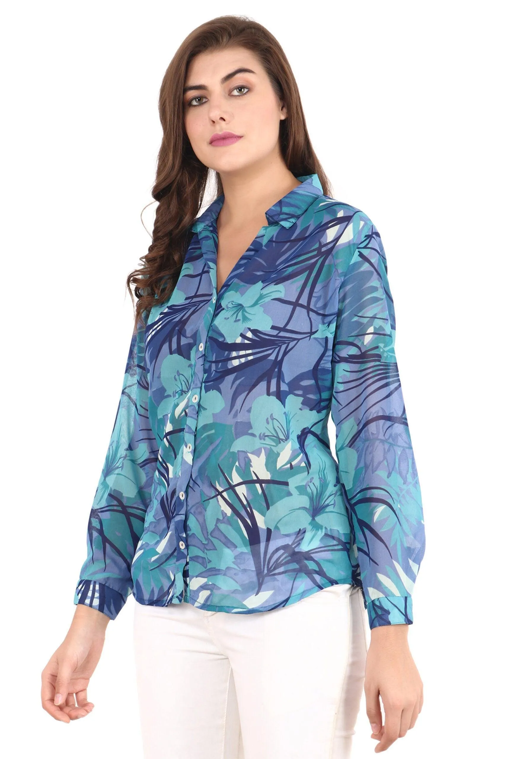 Blue Floral Stems Printed Shirt