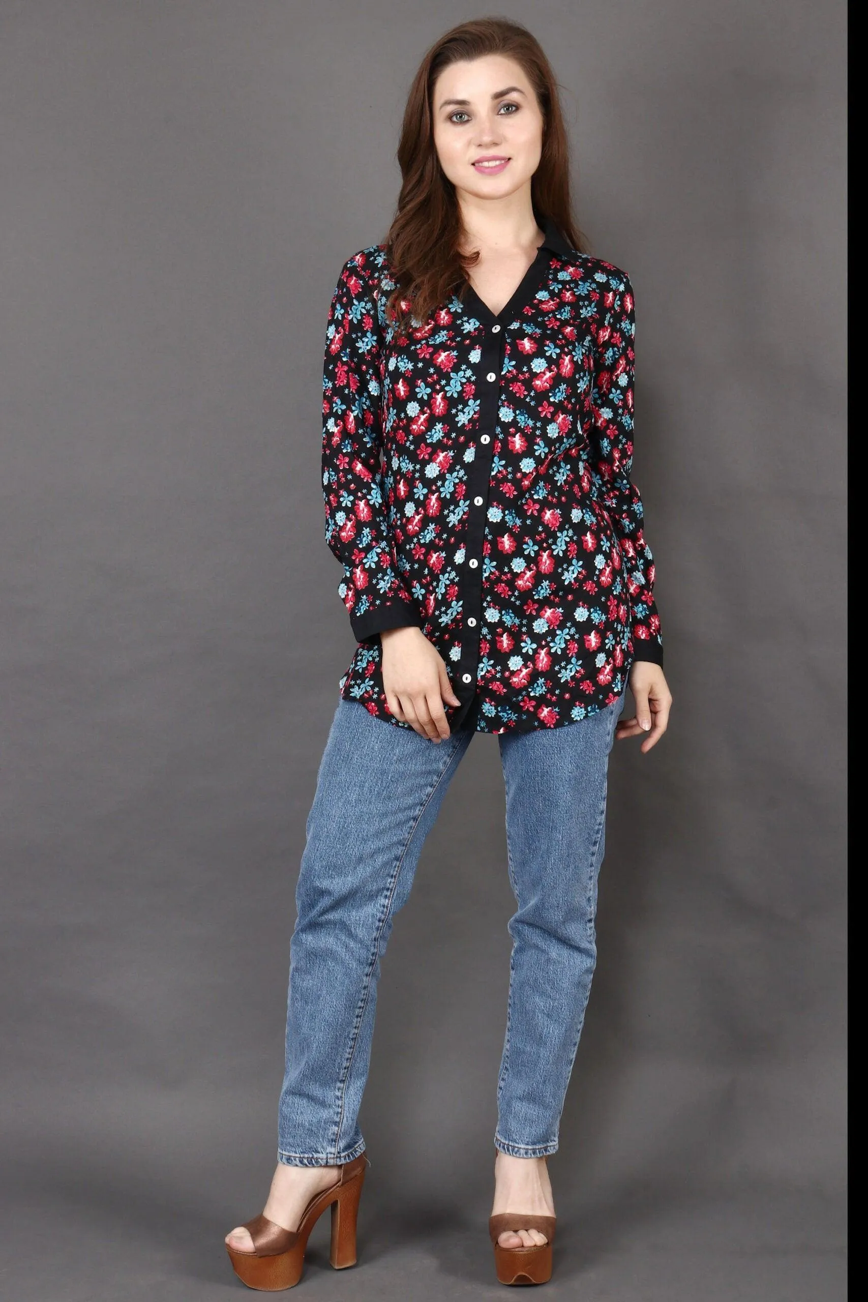 Blue Multicolor Floral Printed Shirt