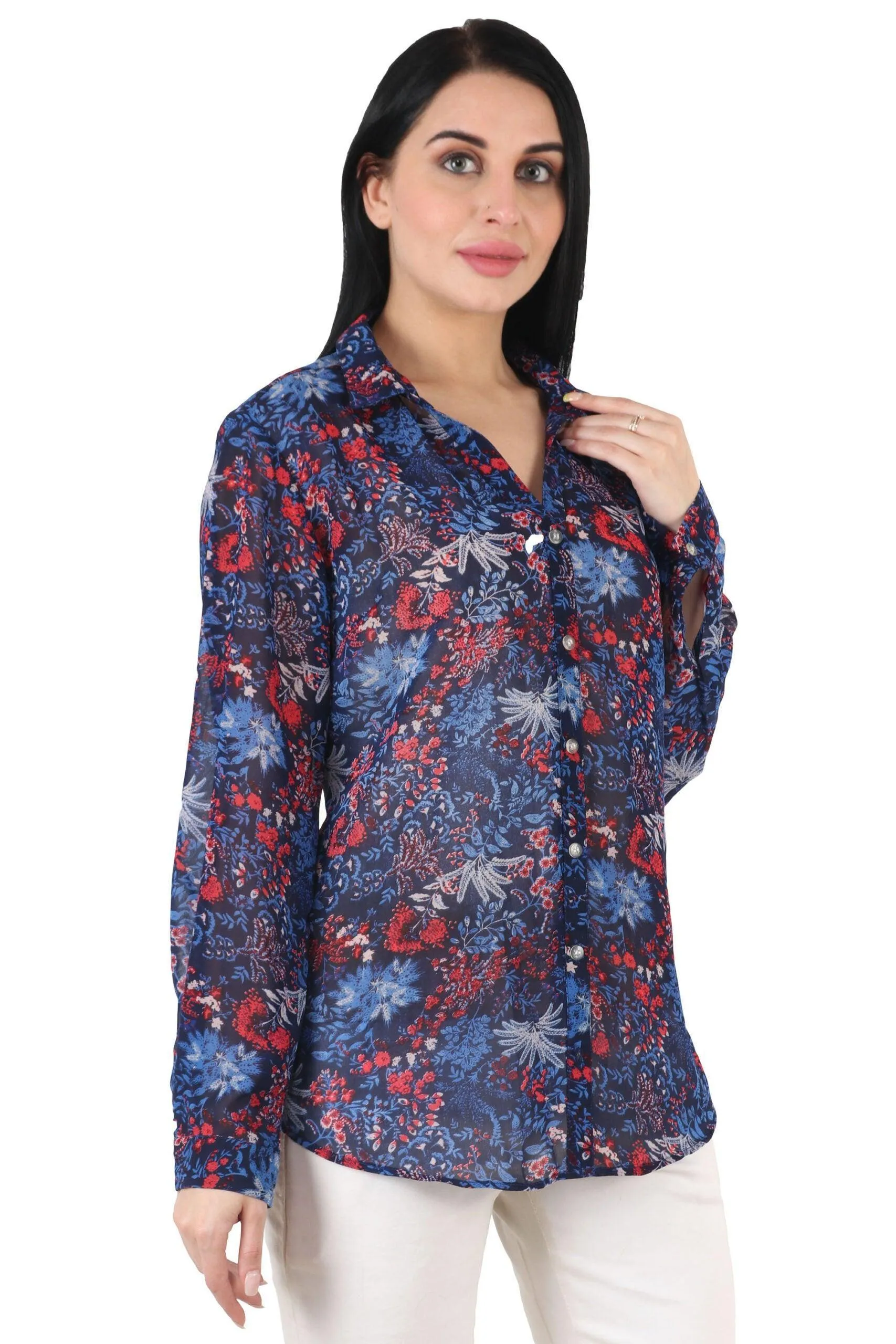 Blue Multicolor Leaves Printed Shirt