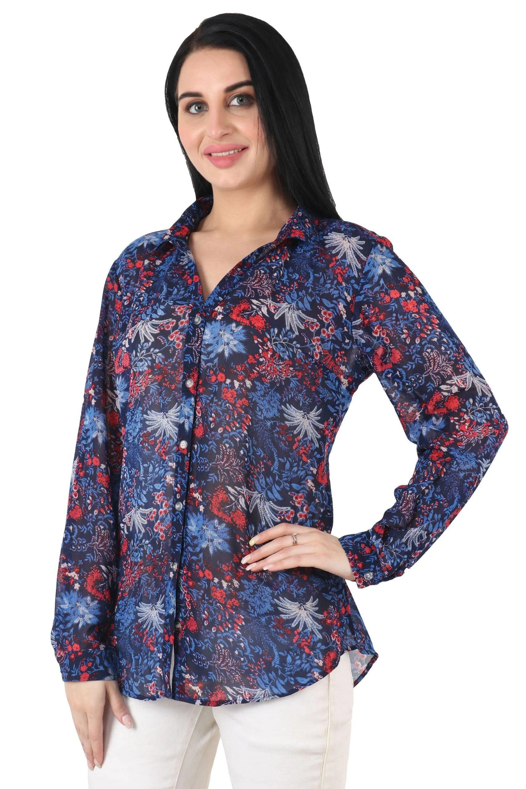 Blue Multicolor Leaves Printed Shirt