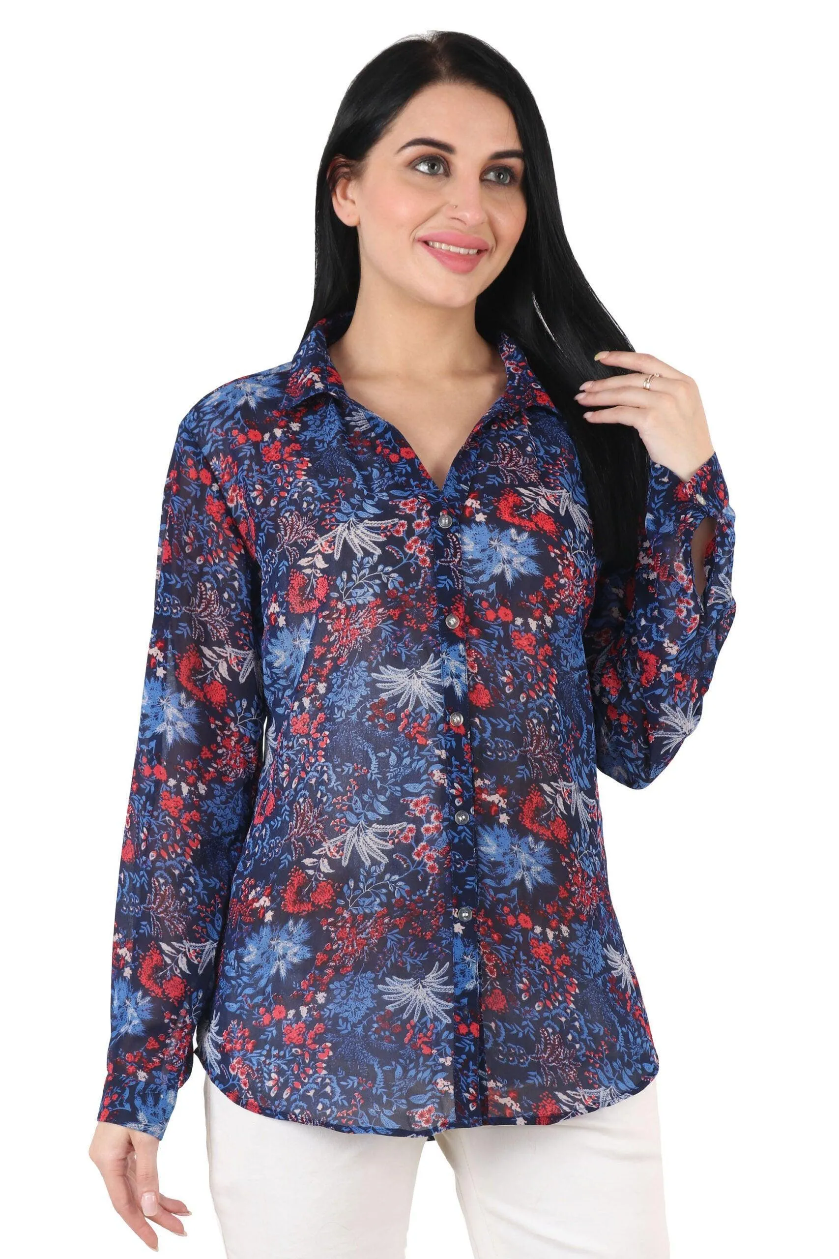 Blue Multicolor Leaves Printed Shirt