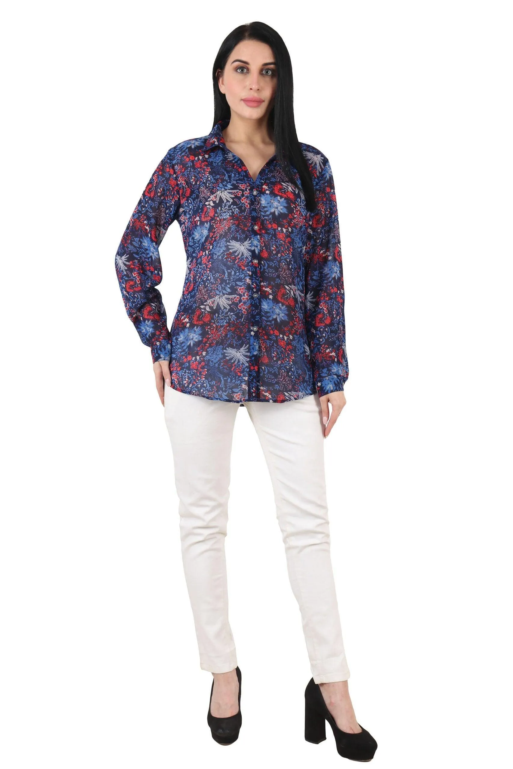 Blue Multicolor Leaves Printed Shirt