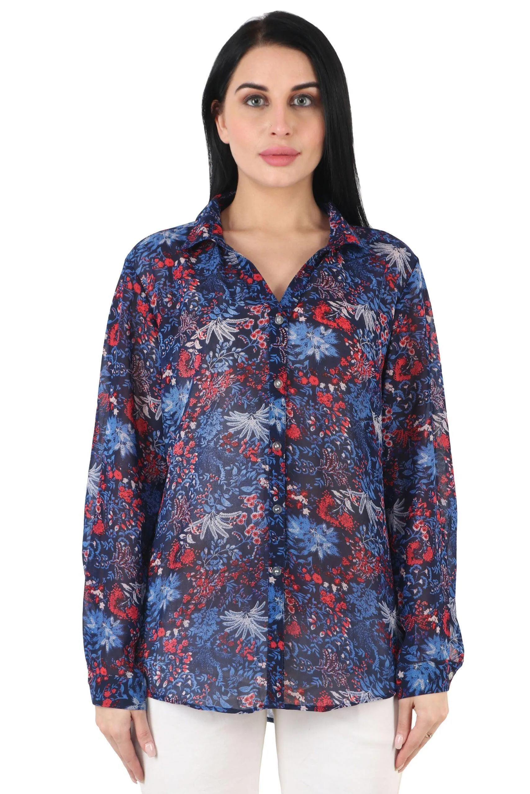 Blue Multicolor Leaves Printed Shirt