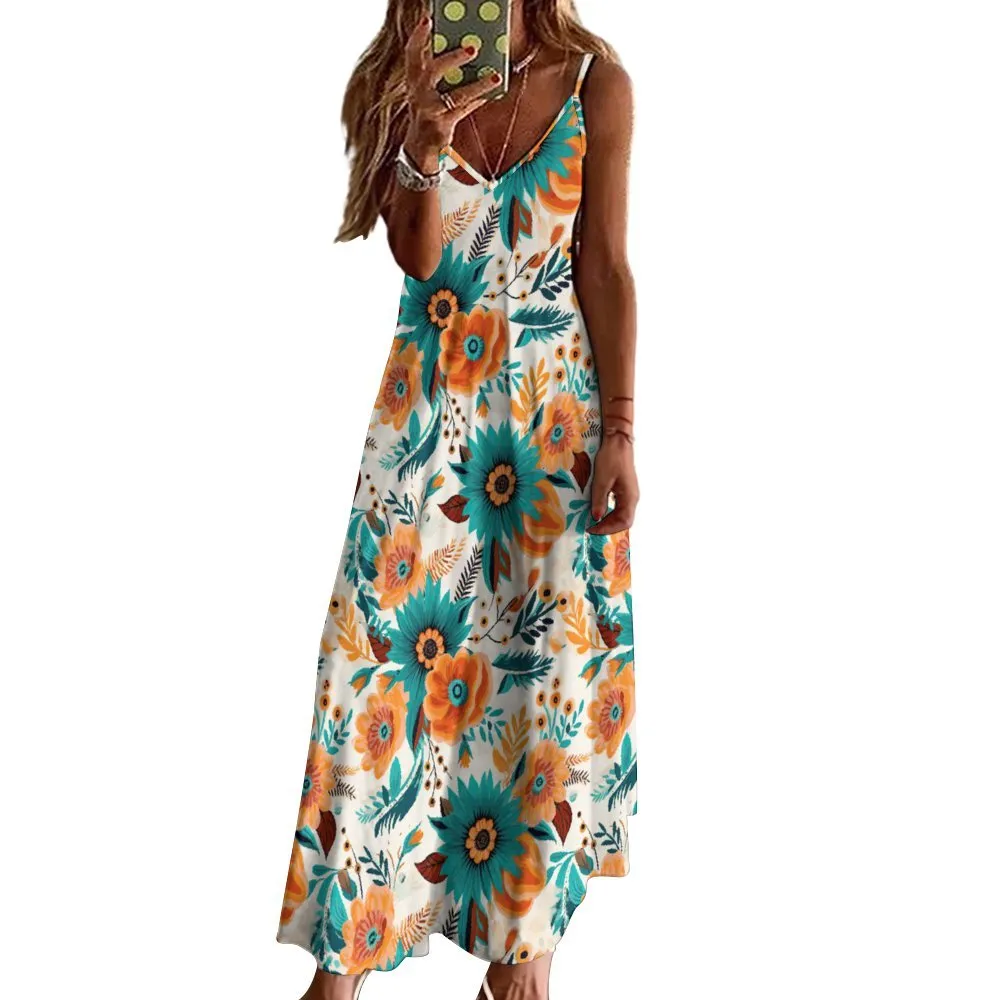 Boho Retro Floral Spaghetti Strap Ankle-Length Dress Long dress