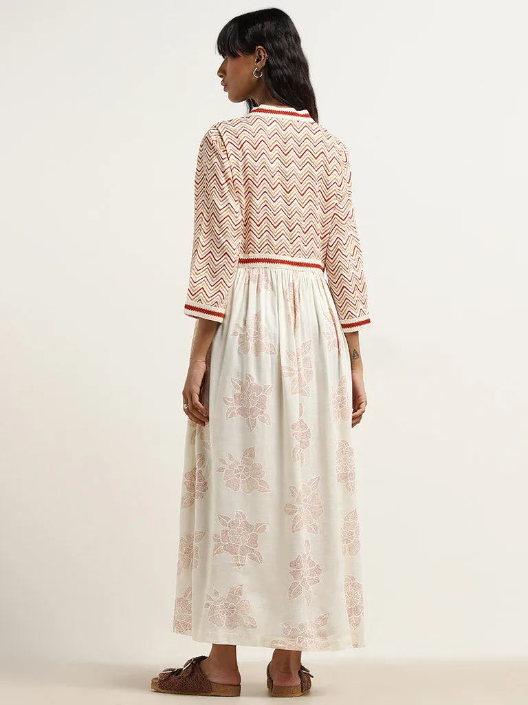 Bombay Paisley Off-White Floral Design Empire-Line Dress