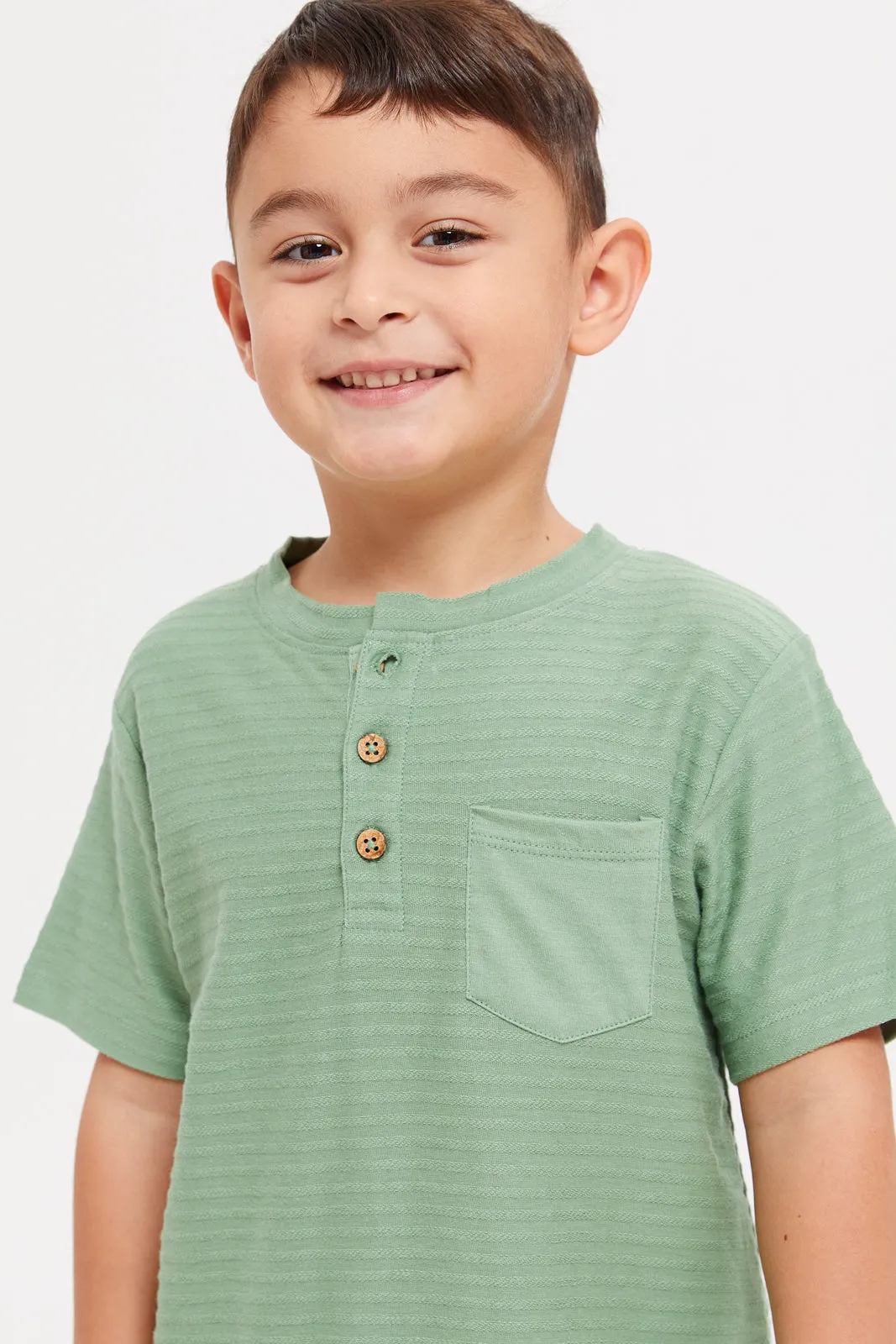 Boys Olive Henley Jacquard T-Shirt