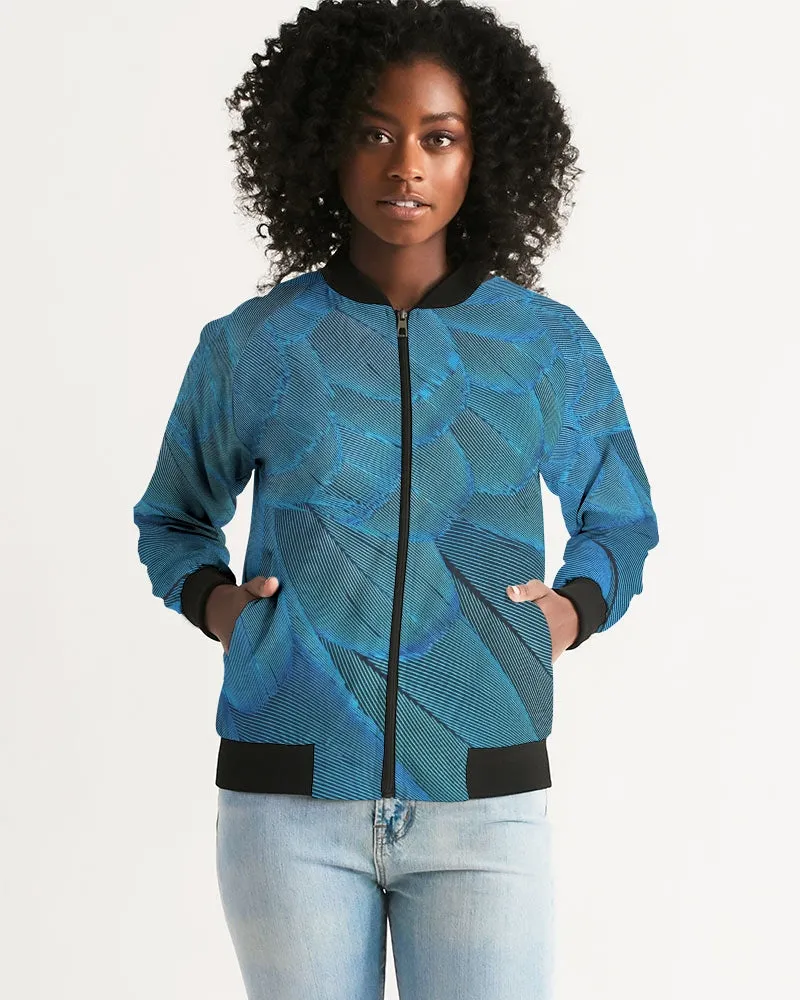 Brilliant Blue Feathers Women's Bomber Jacket