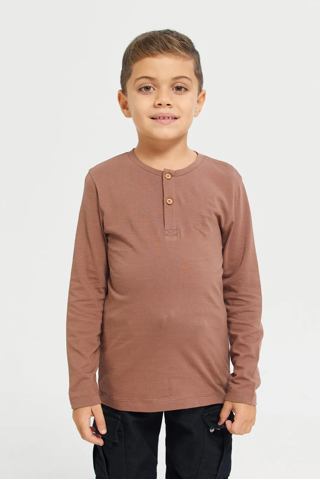 Brown Long Sleeve Henley T-Shirt