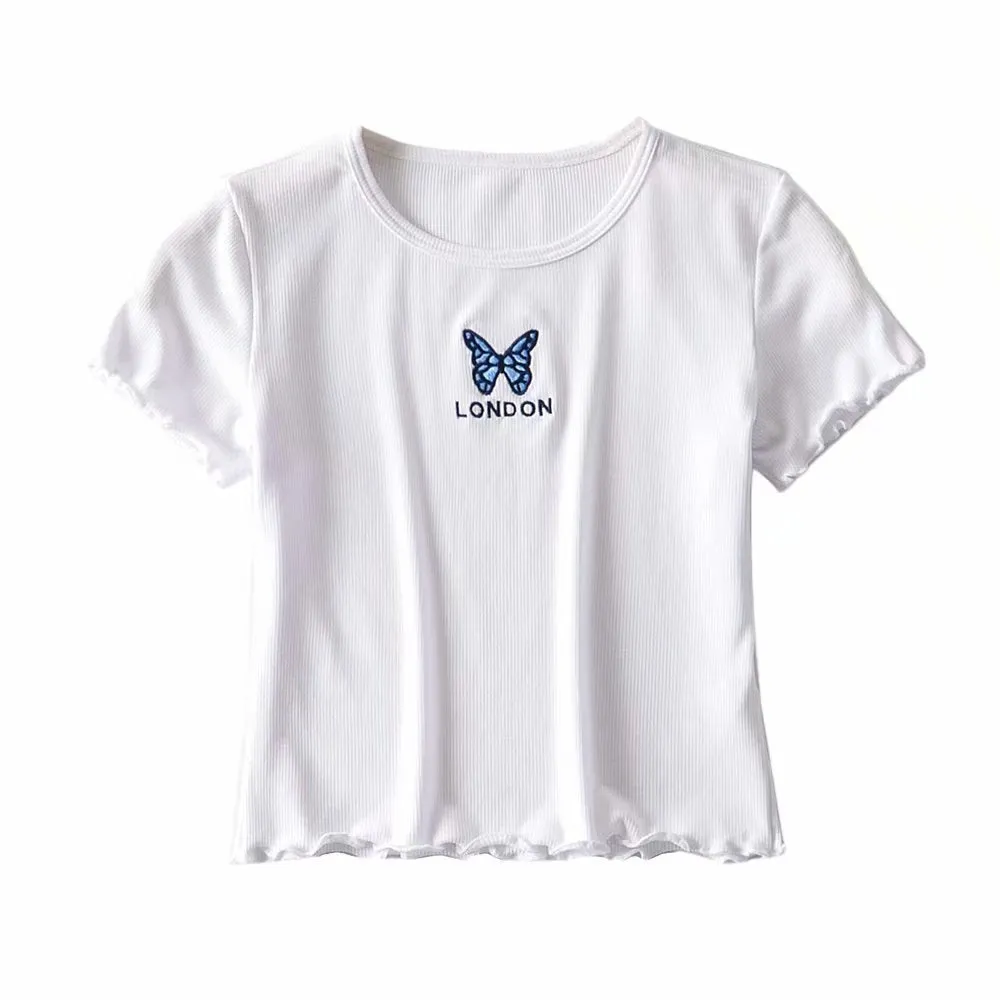 Butterfly embroidered round neck short-sleeved wooden ear short T-shirt