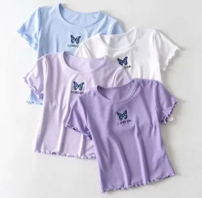 Butterfly embroidered round neck short-sleeved wooden ear short T-shirt