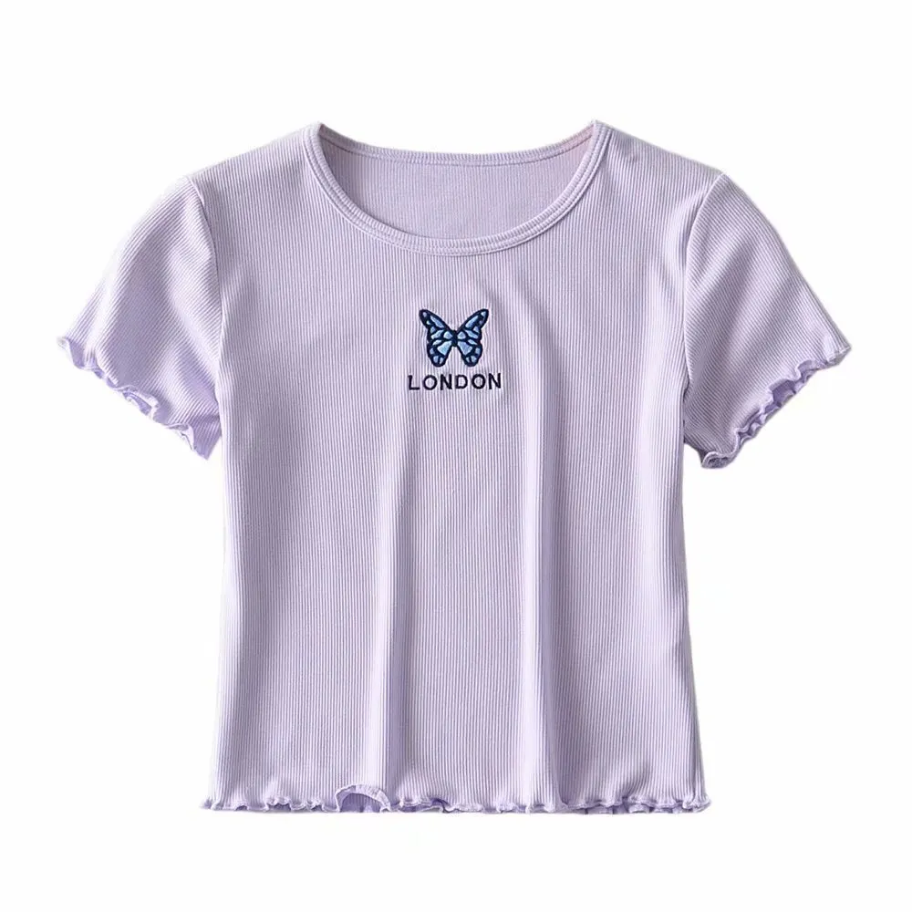 Butterfly embroidered round neck short-sleeved wooden ear short T-shirt