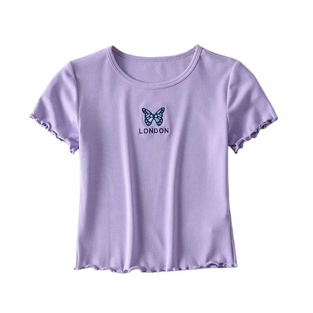 Butterfly embroidered round neck short-sleeved wooden ear short T-shirt