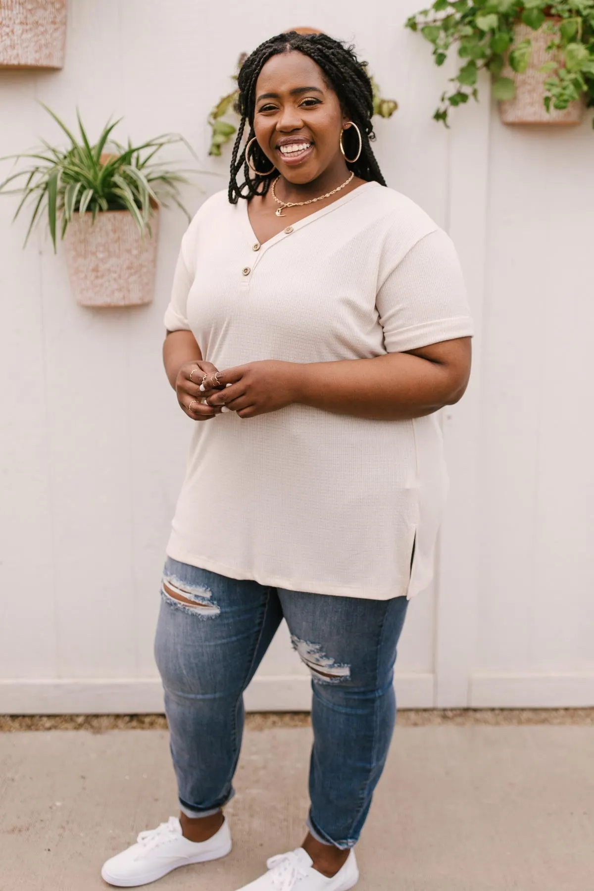 Buttons and Henley Top in Seashell