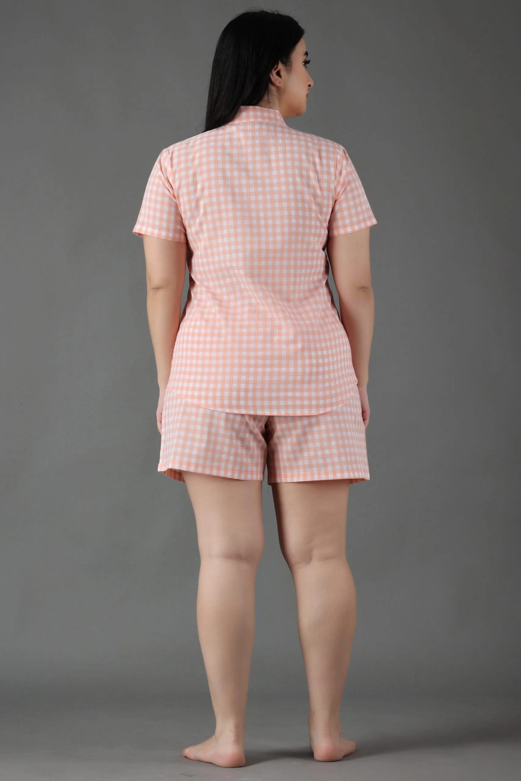 Checked Night Suit Set-Peach & White