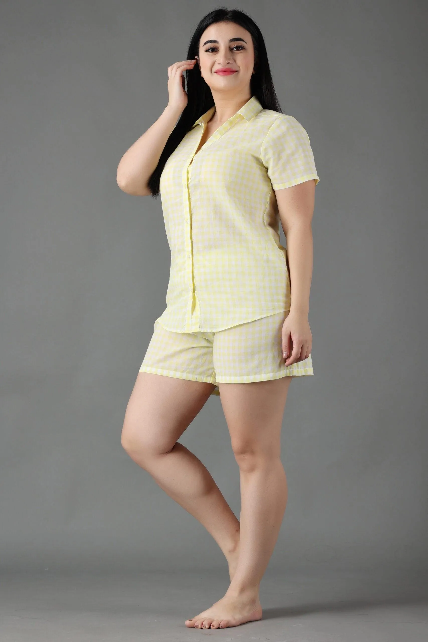 Checked Night Suit Set-Yellow & White