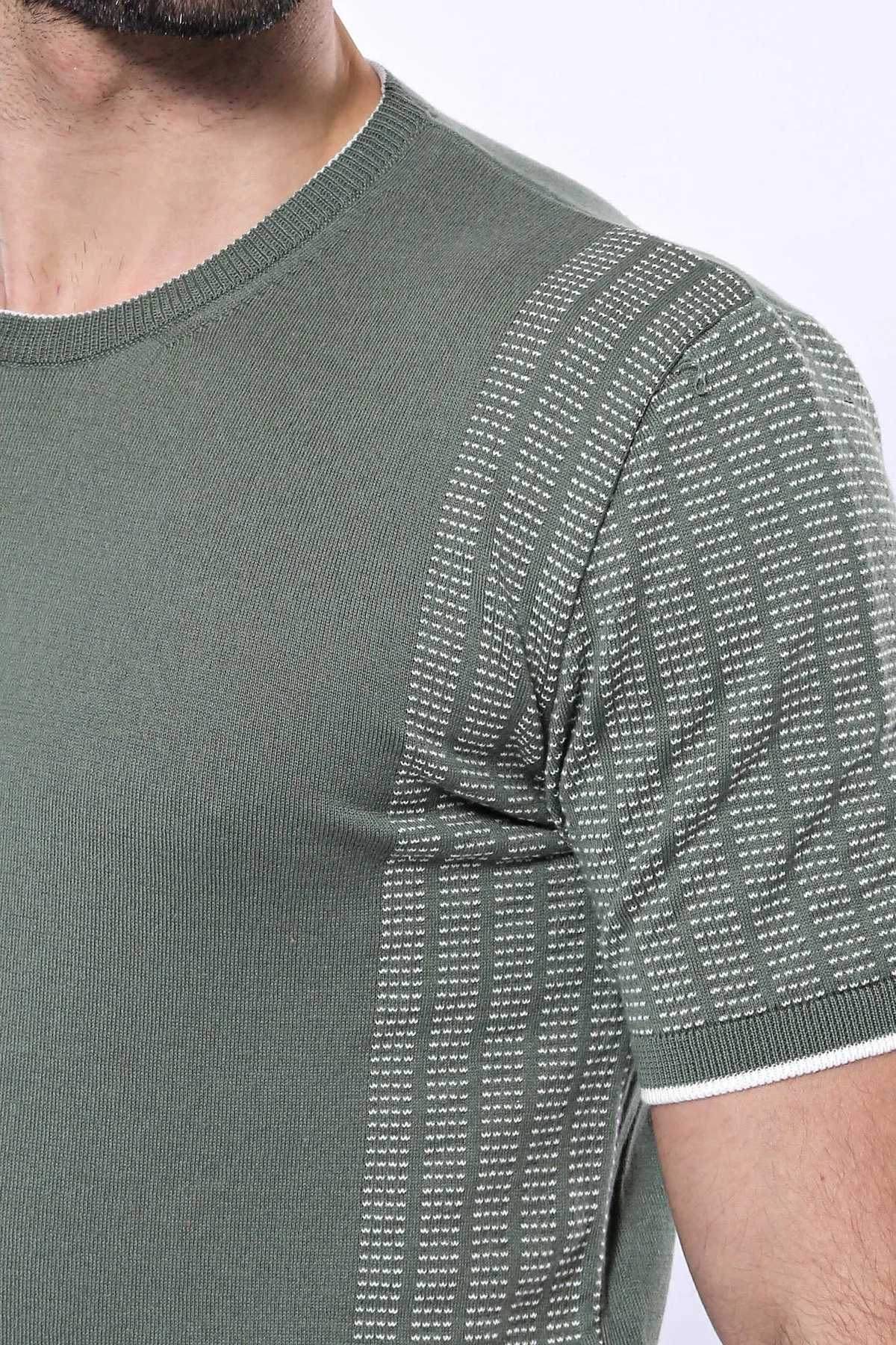 Circle Neck Patterned Green Knitted T-Shirt - Wessi