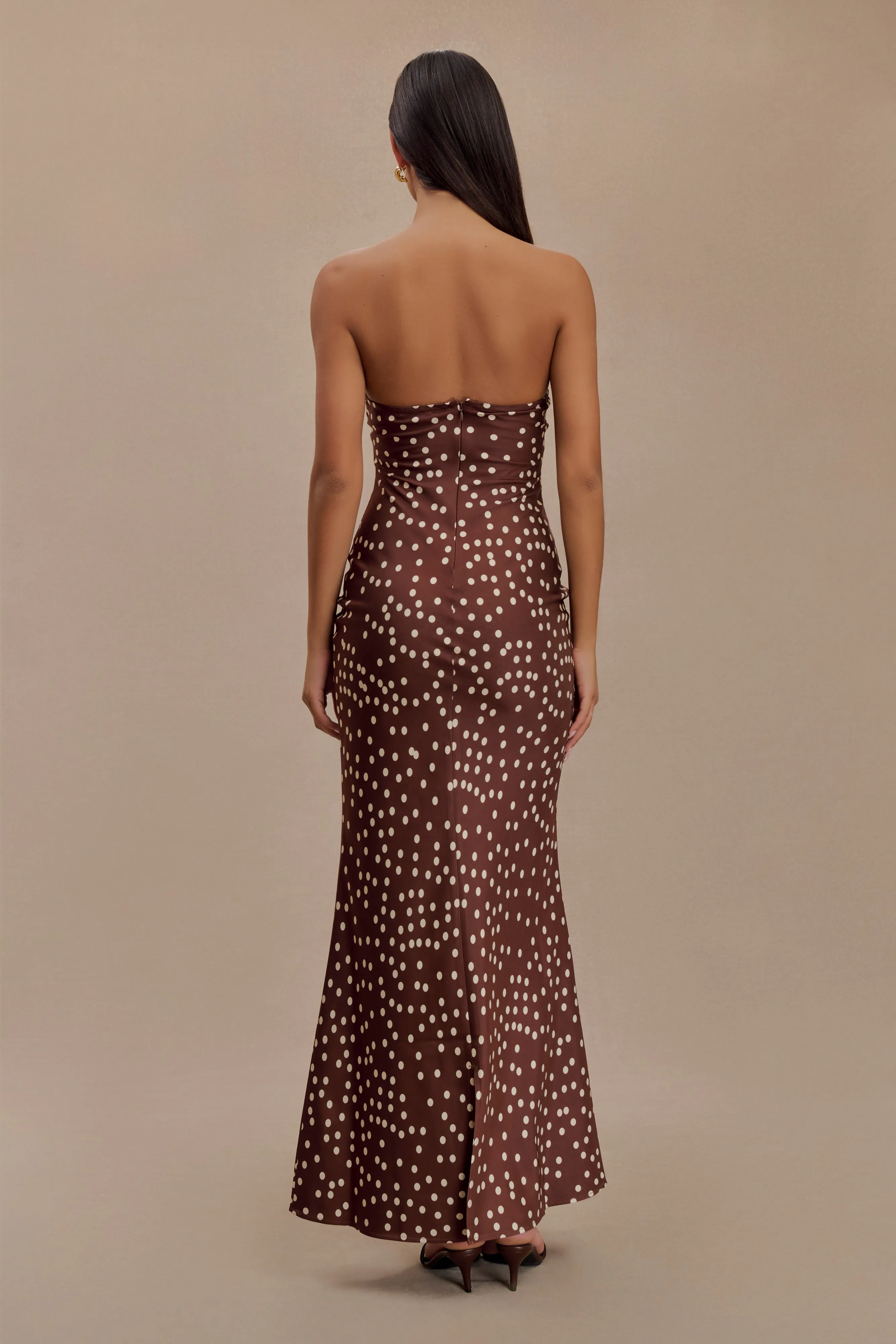 Claudette Strapless Satin Maxi Dress - Brown Polka Dot Print