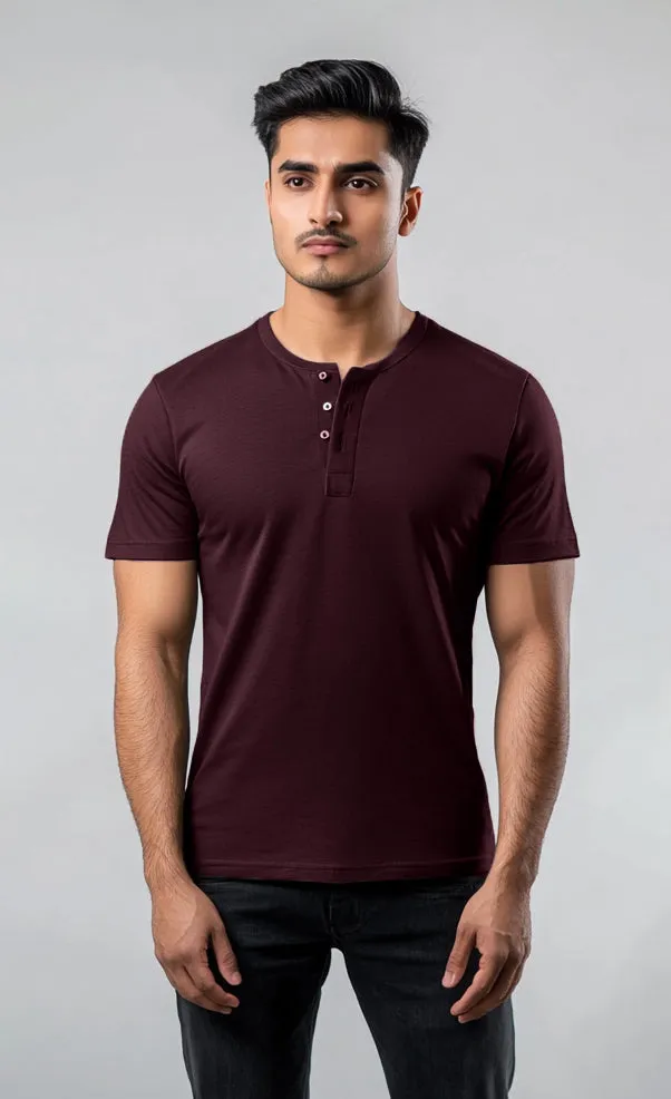 Cotton Henley Short Sleeve T-Shirt (Stretchable) Maroon