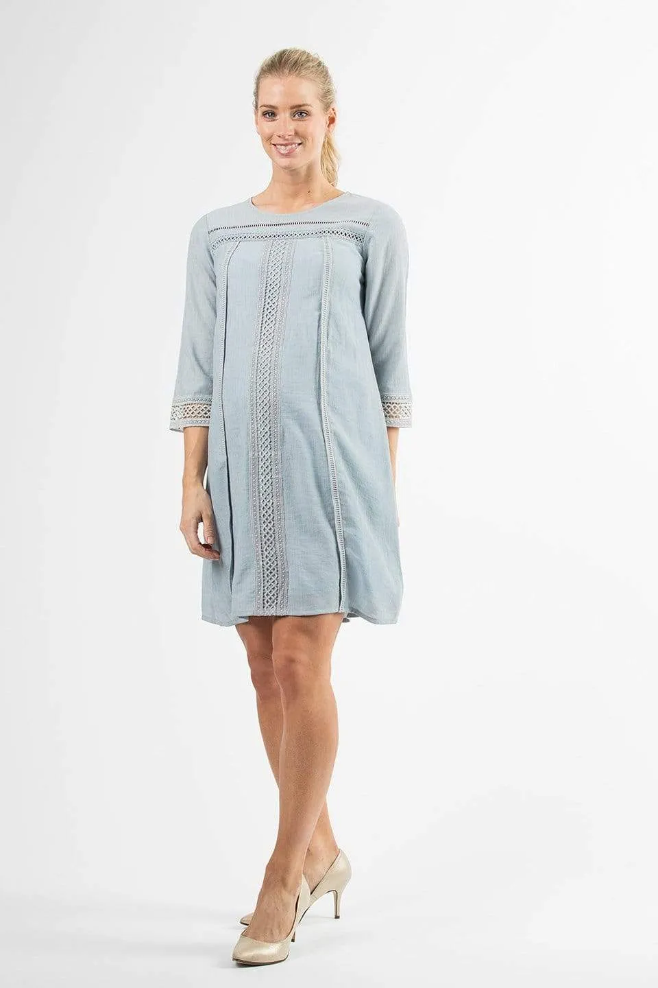 Crochet Long Sleeves Casandra Nursing Dress Grey Blue