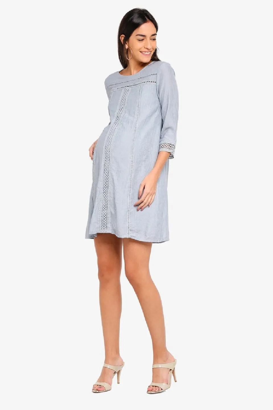 Crochet Long Sleeves Casandra Nursing Dress Grey Blue