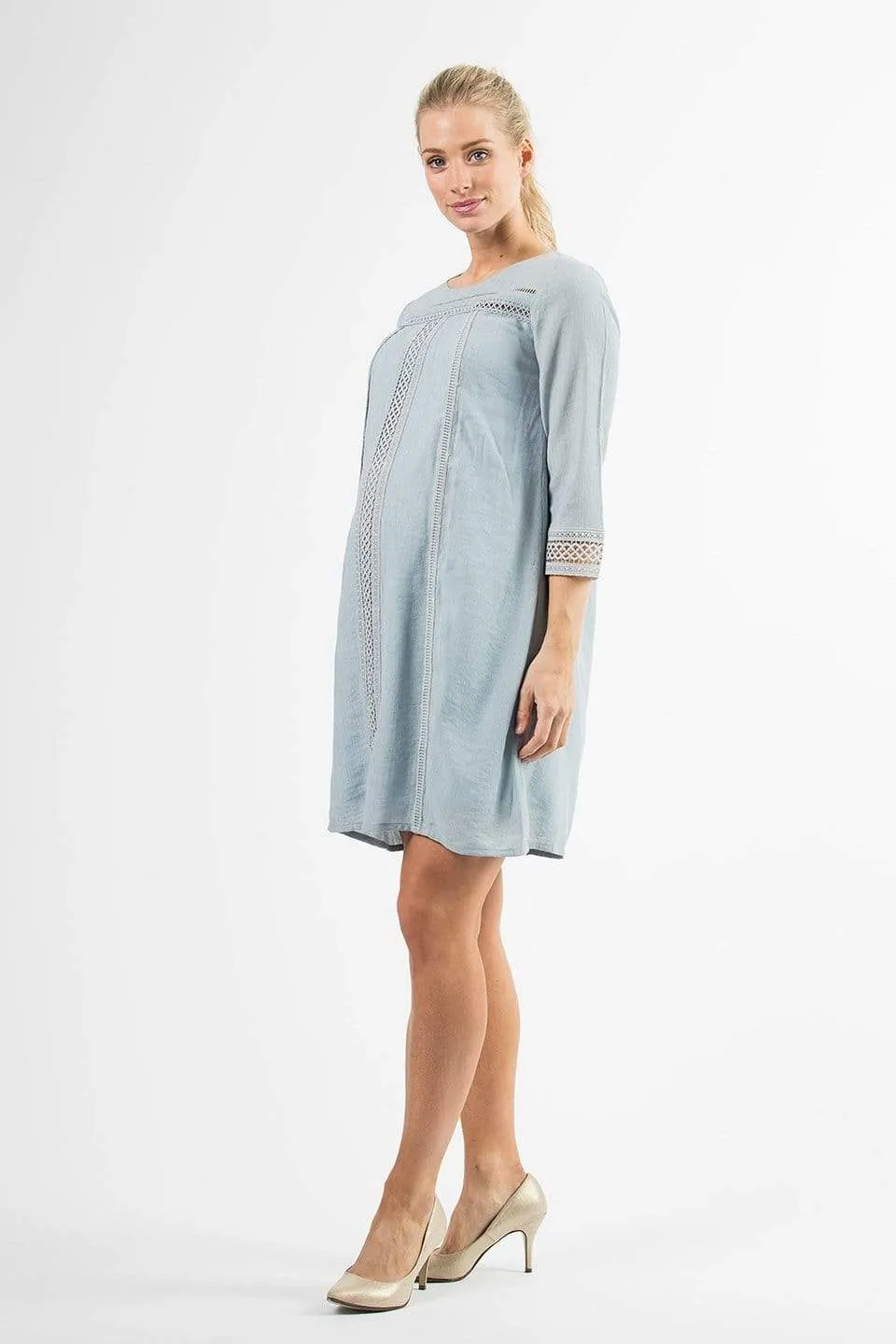 Crochet Long Sleeves Casandra Nursing Dress Grey Blue