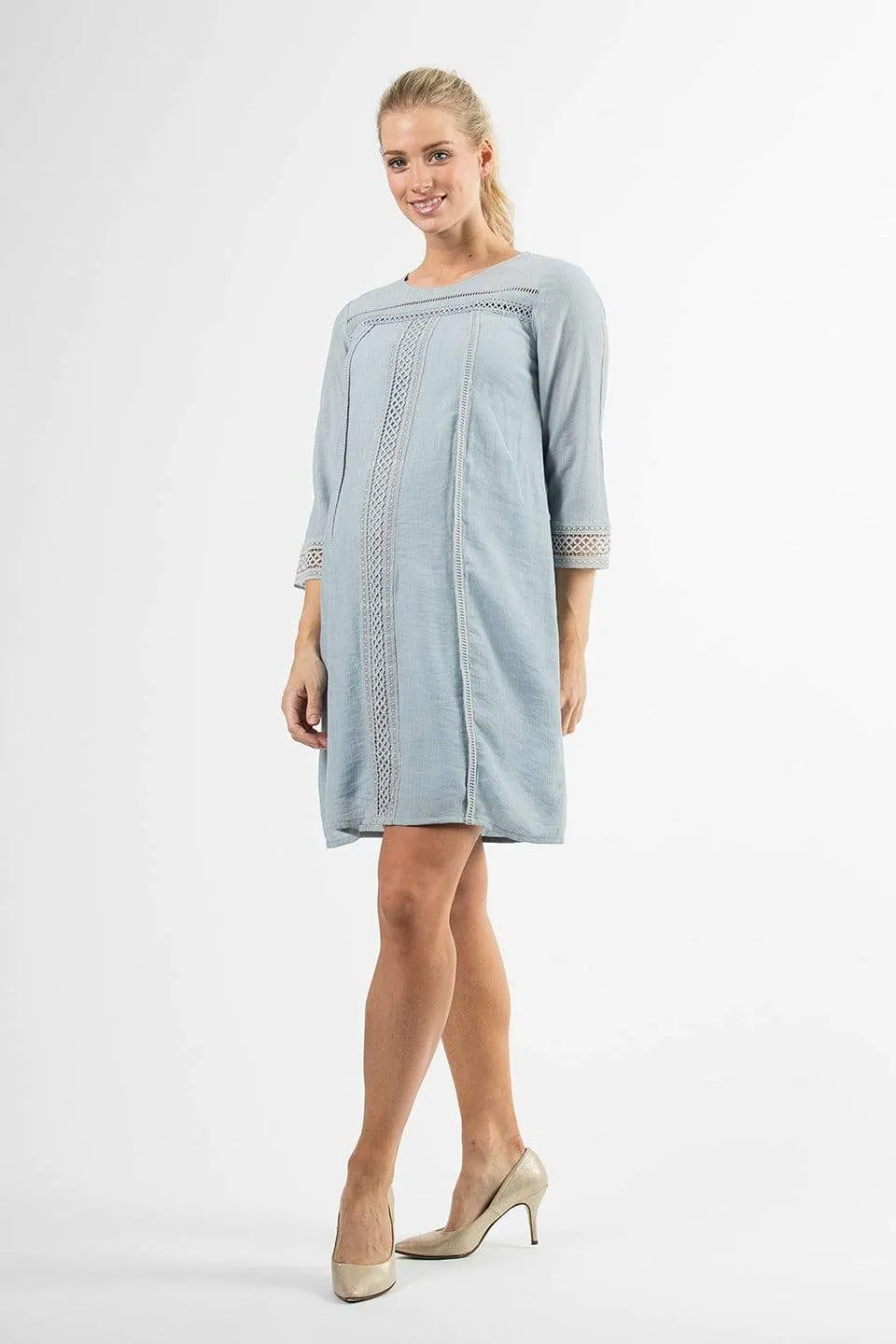 Crochet Long Sleeves Casandra Nursing Dress Grey Blue