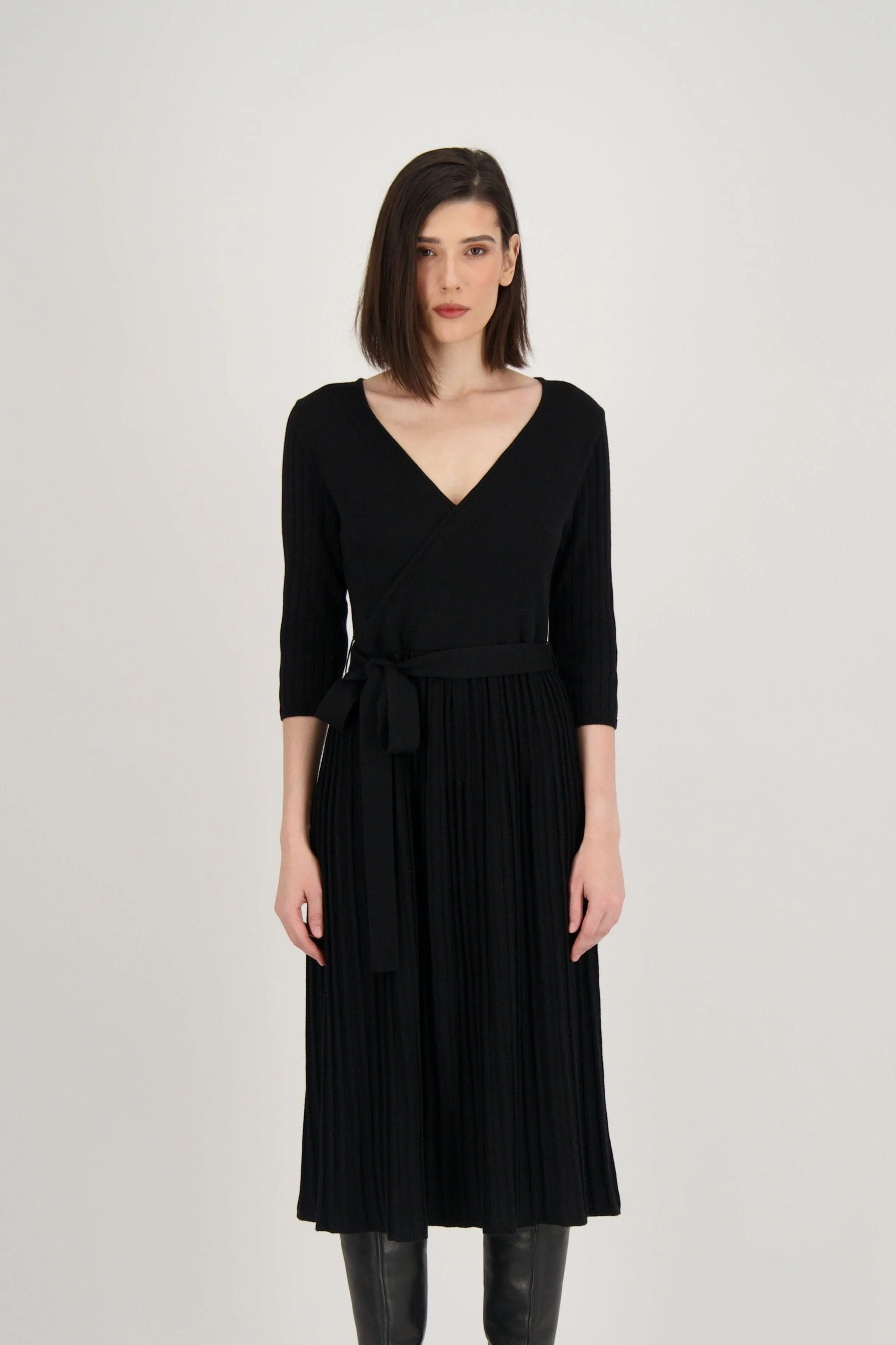 Crossover Neck Pleated Sweater Dress